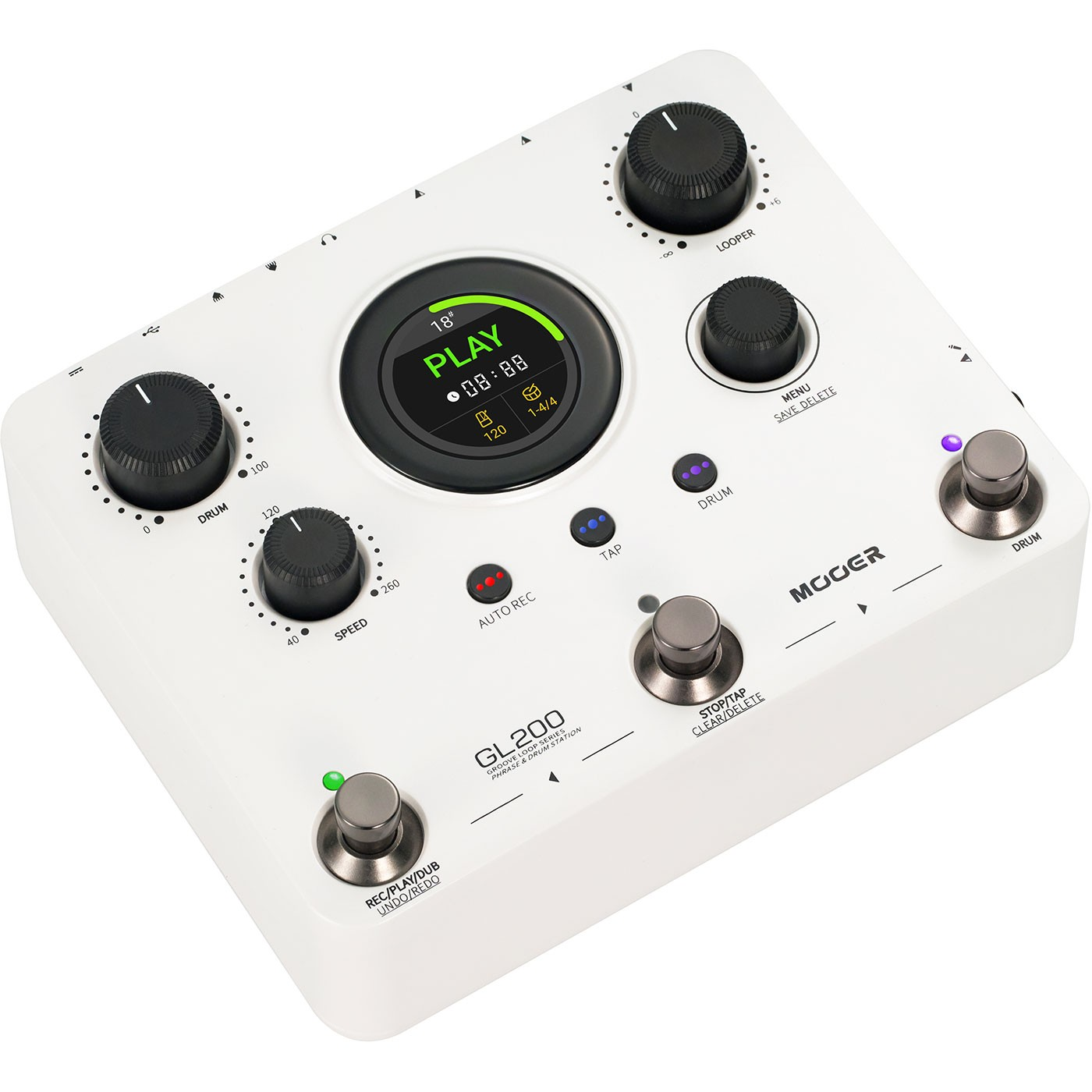 Düğmeli ve ekranlı beyaz bir Mooer GL200 Groove Loop cihazı.
