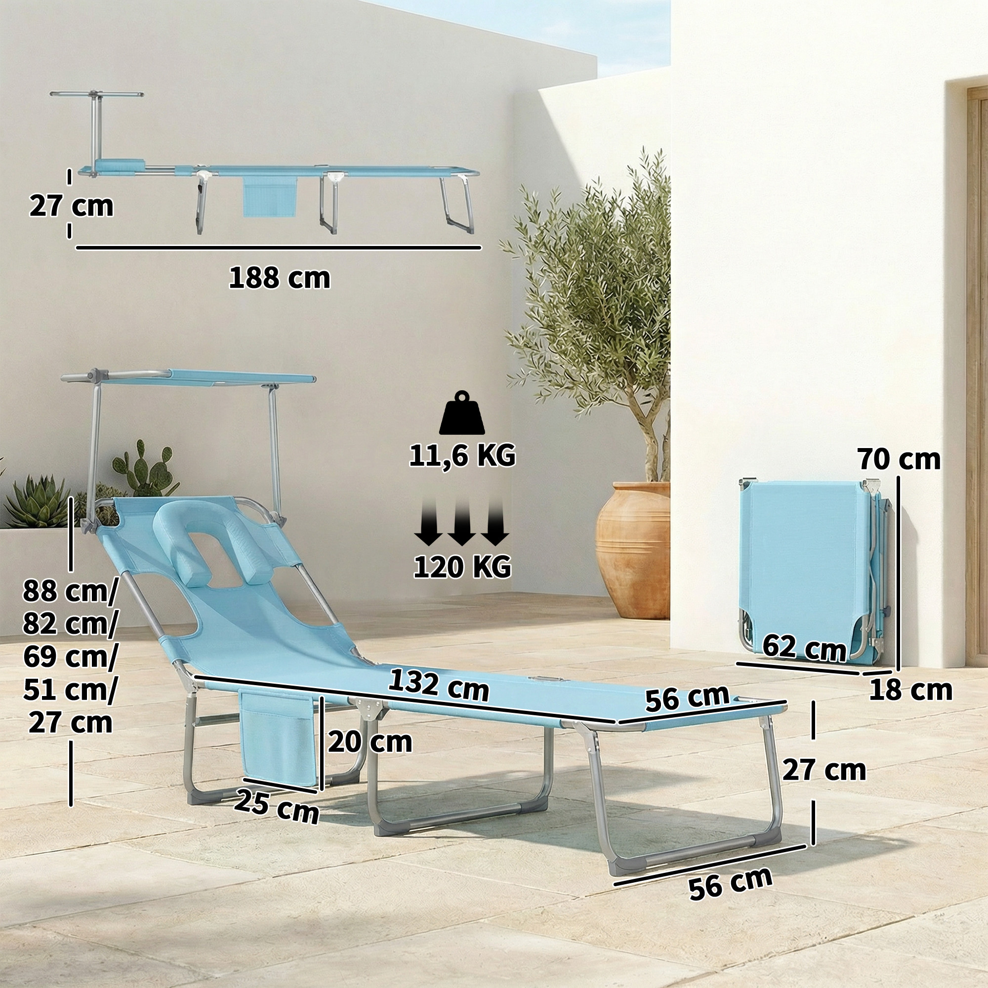 Una tumbona plegable azul claro con dimensiones y peso indicados.