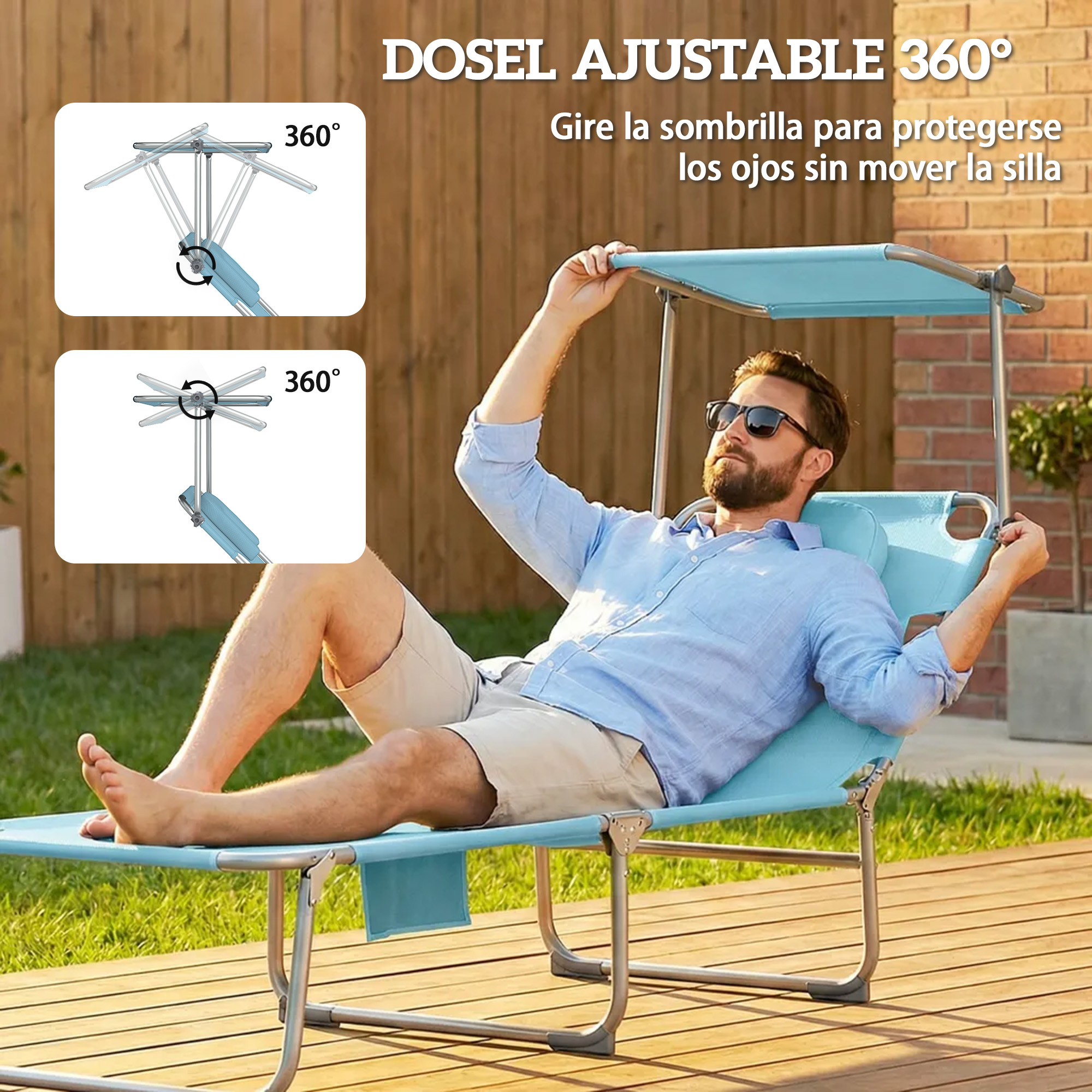 Hombre relajándose en una tumbona azul con parasol ajustable.