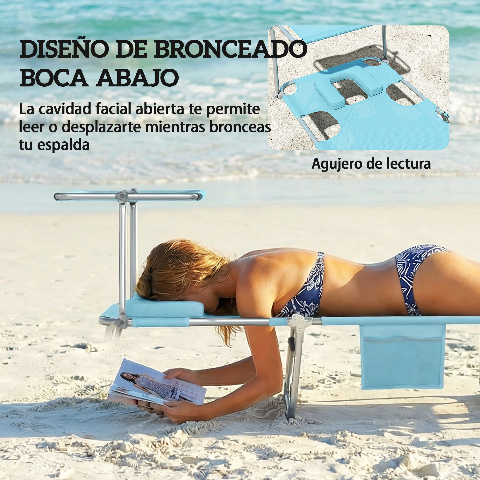 Una mujer yace en una tumbona azul en la playa leyendo un libro.