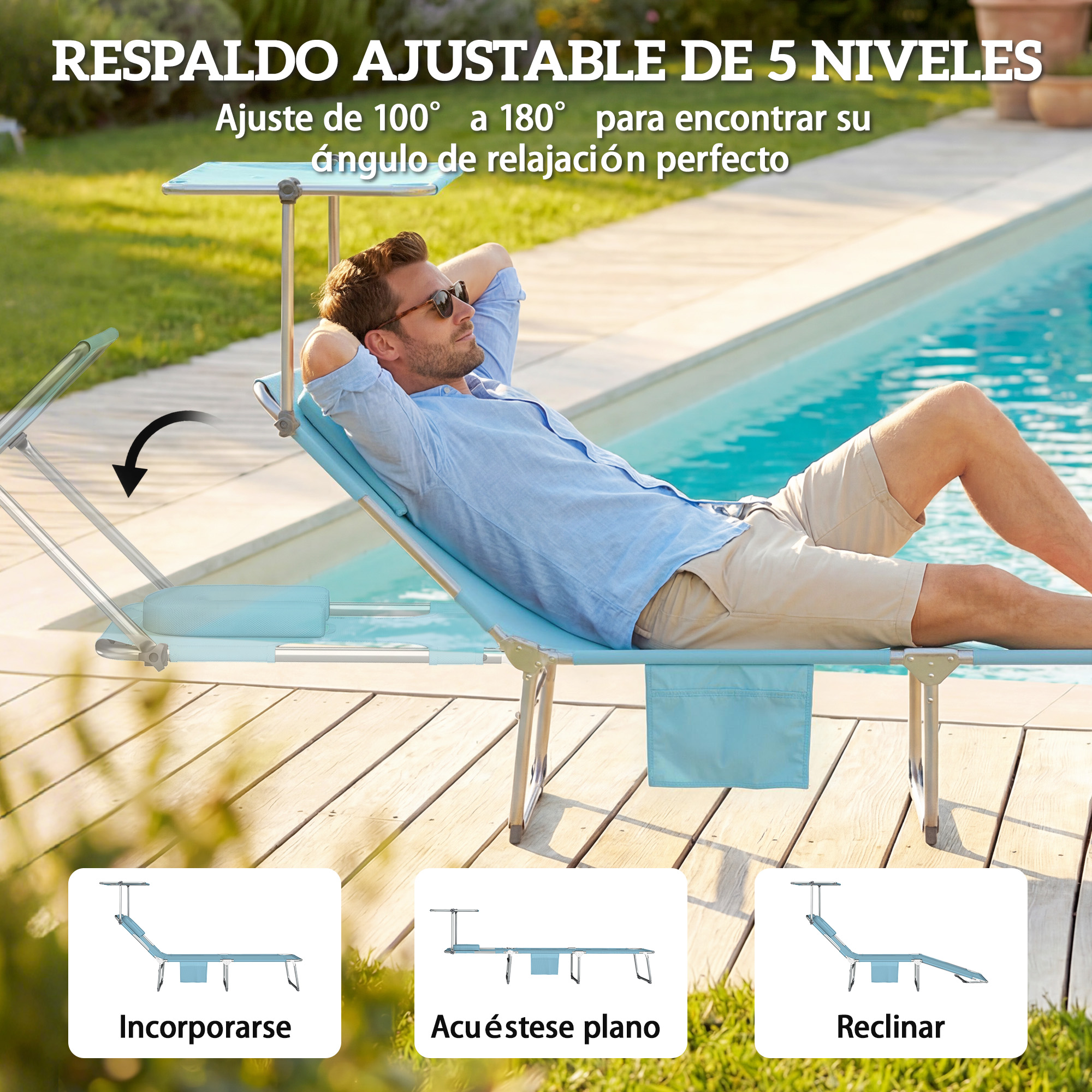 Un hombre se relaja en una tumbona ajustable junto a una piscina. Se muestran tres ajustes.