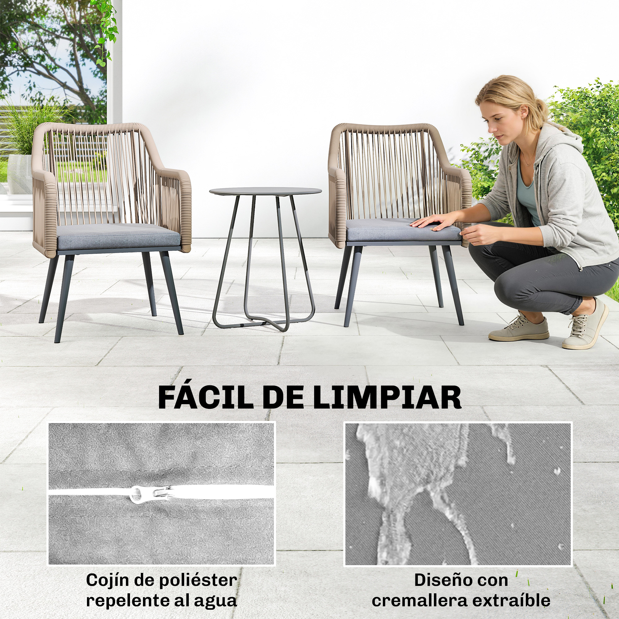 Una mujer se arrodilla junto a una silla de jardín. Primeros planos muestran cremallera y tela.