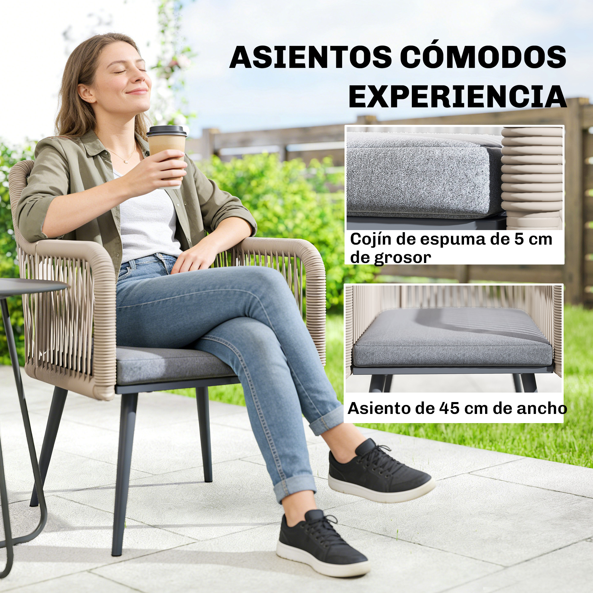 Mujer disfruta café al aire libre sentada en silla con cojines. Detalles de cojín y asiento.