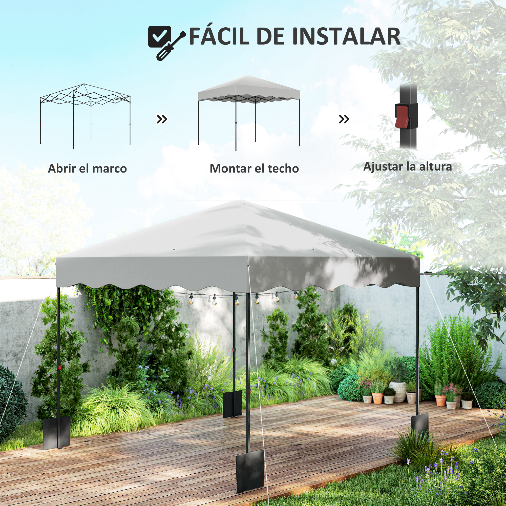 Montaje de carpa blanca al aire libre en terraza de madera con plantas.