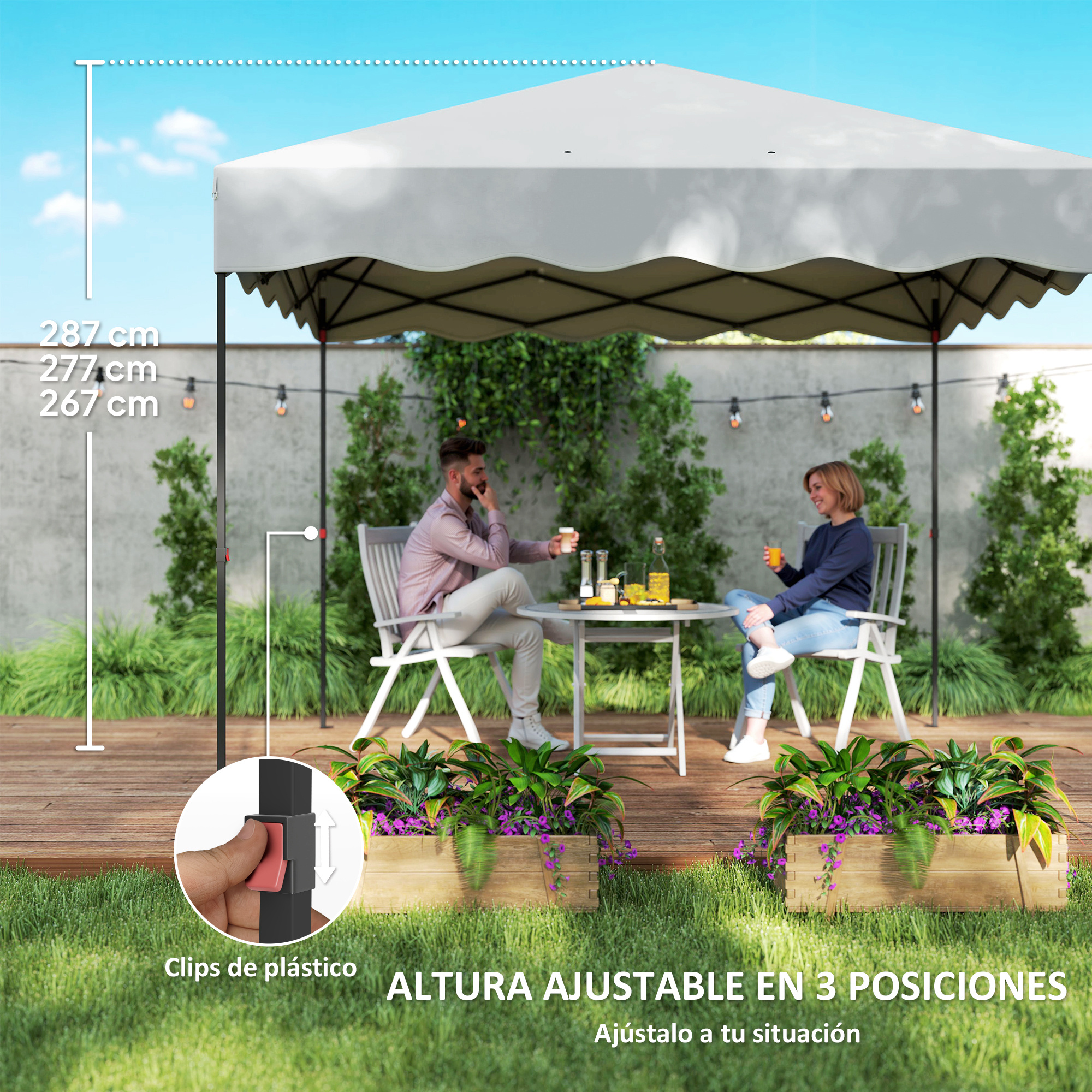 Un hombre y una mujer se sientan a una mesa bajo un toldo blanco. Se ven dimensiones.