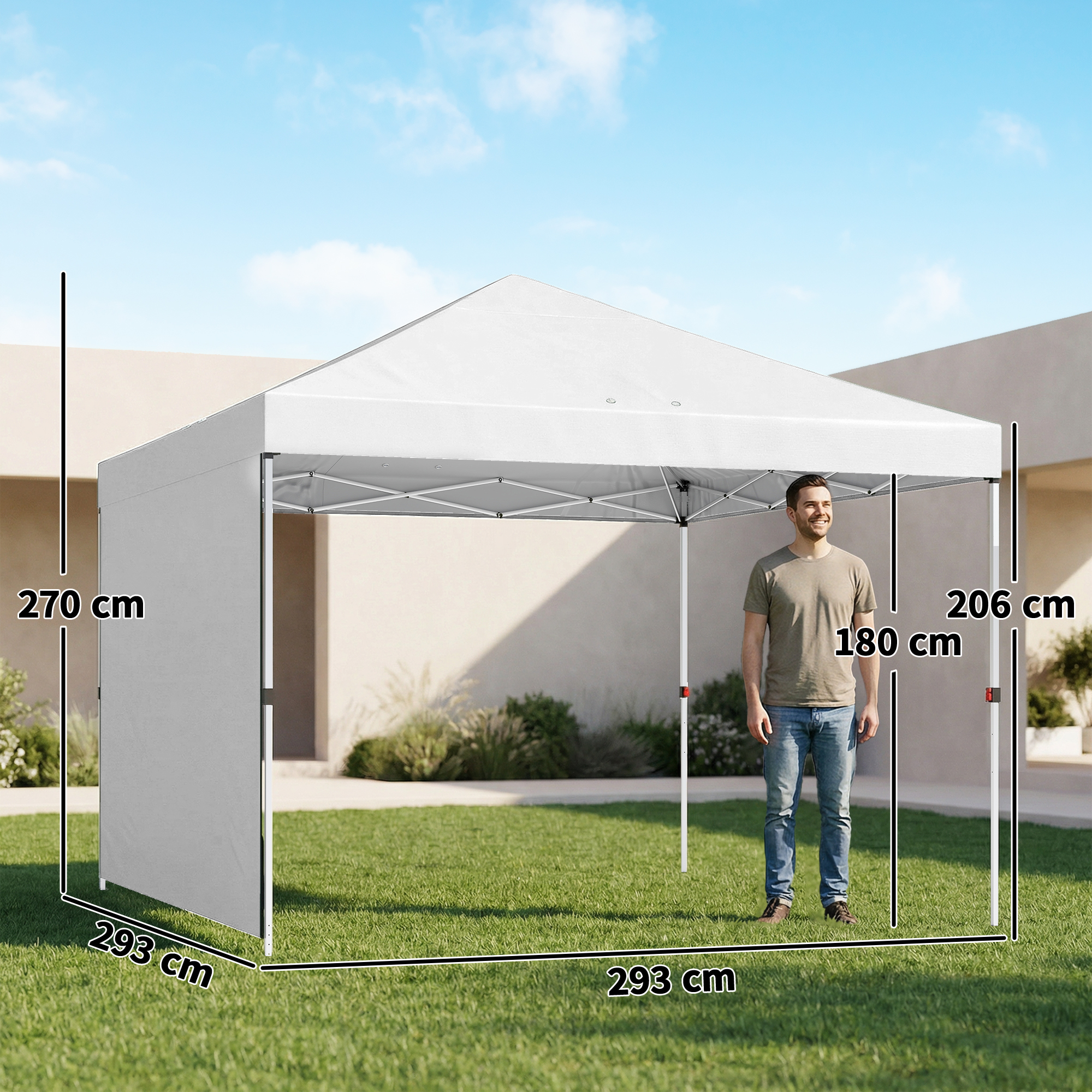 Un hombre bajo una carpa blanca. Se muestran las dimensiones.
