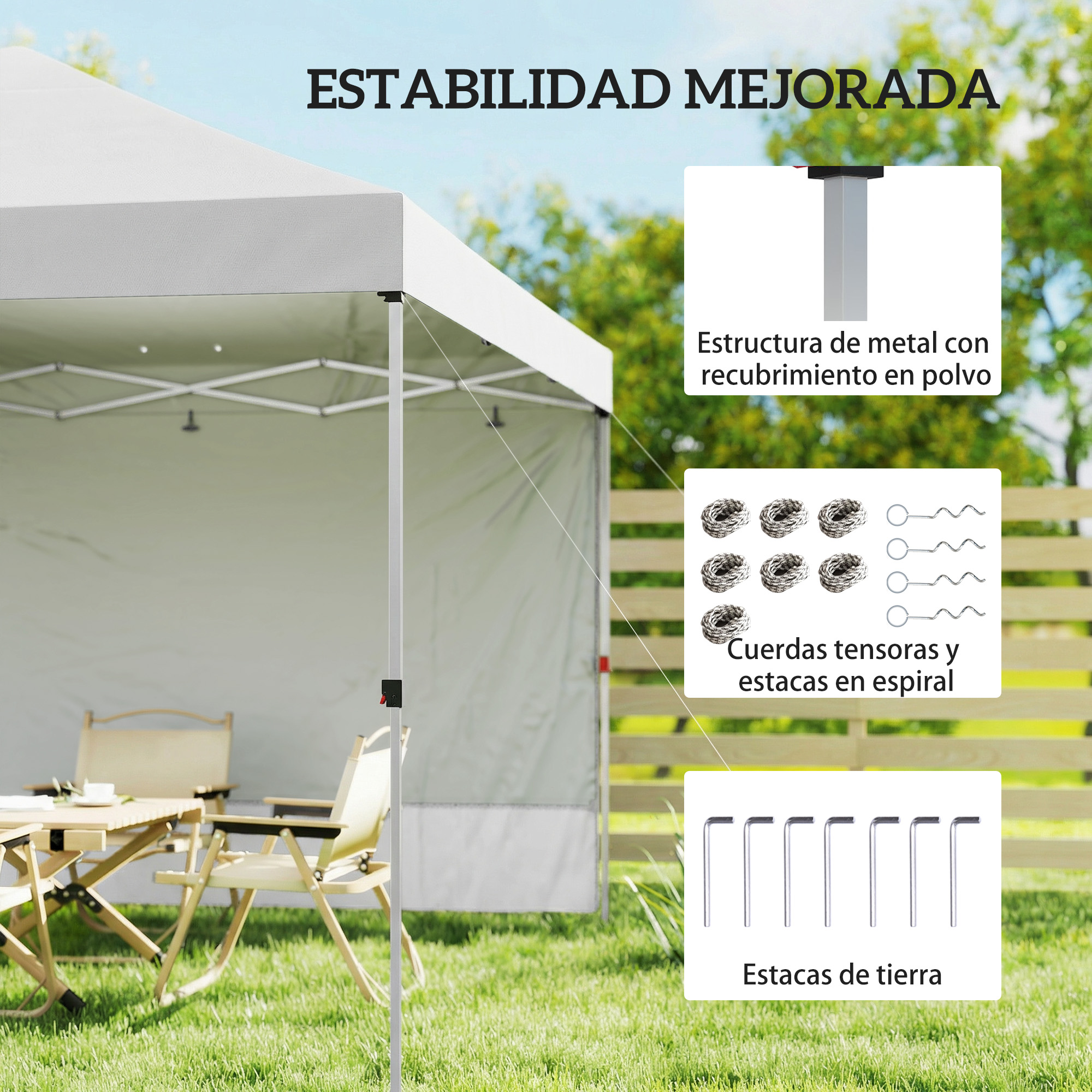 Montaje de un toldo blanco con muebles de madera y accesorios para exteriores.