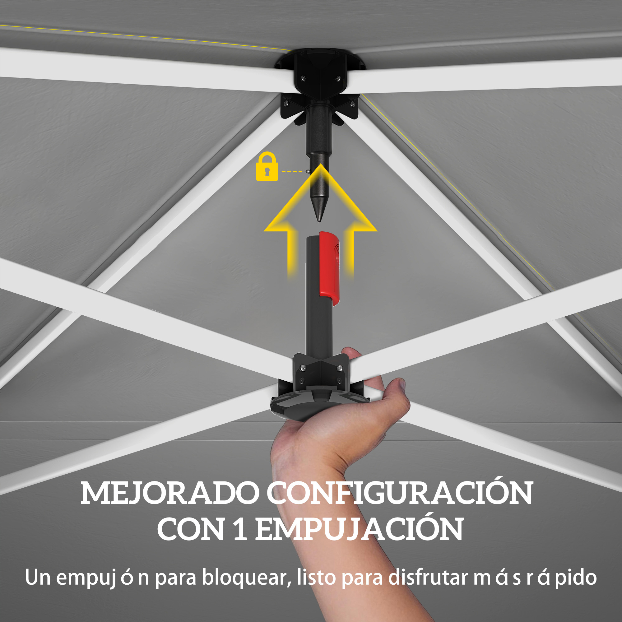Una mano opera un mecanismo de bloqueo en un armazón de carpa.