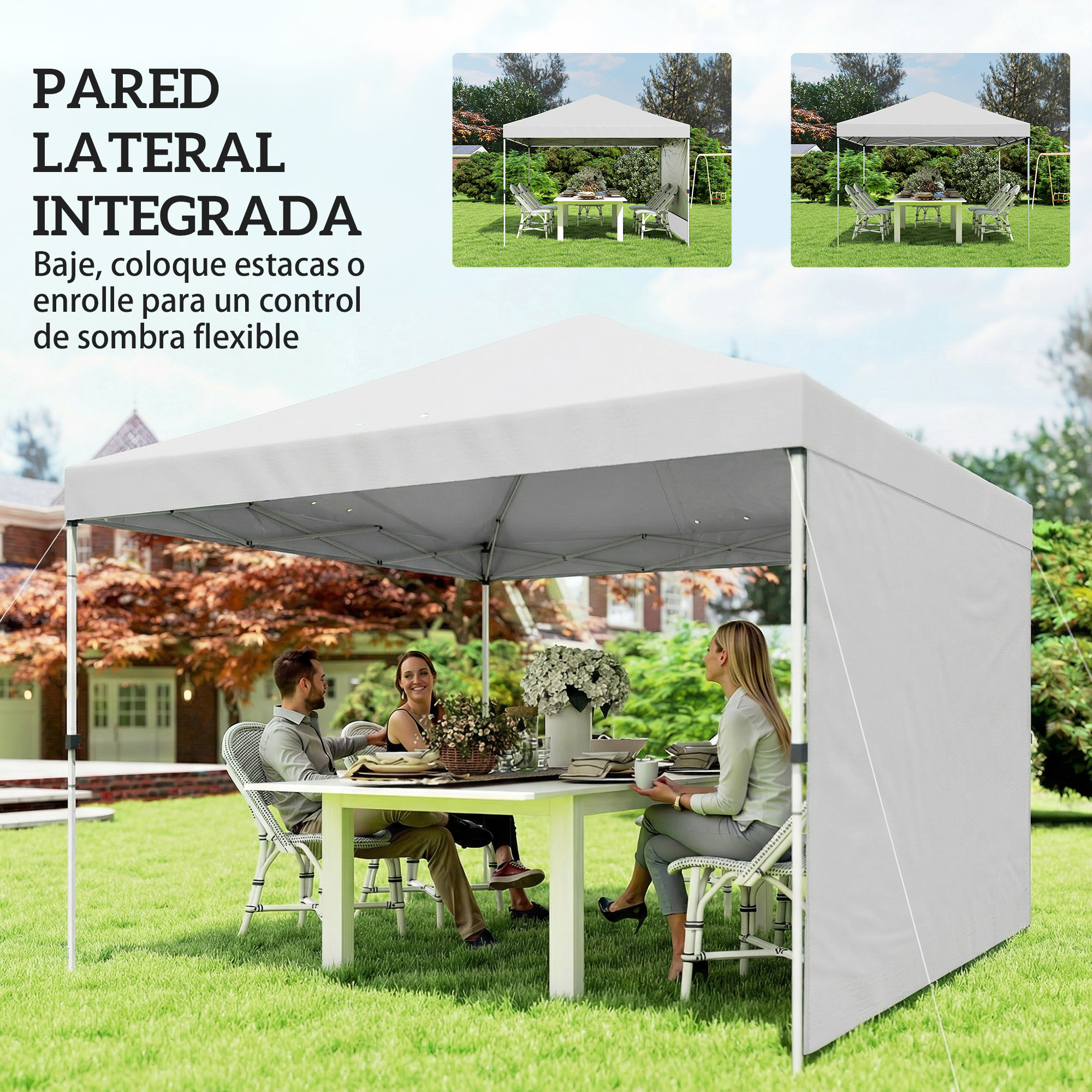 Tres personas sentadas en una mesa bajo un toldo blanco en un jardín.