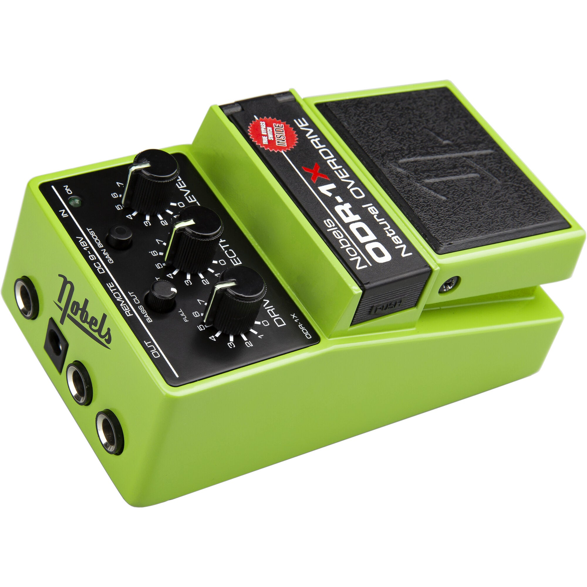 Groen Nobels ODR-1X overdrive gitaareffectpedaal met zwarte knoppen en labels.