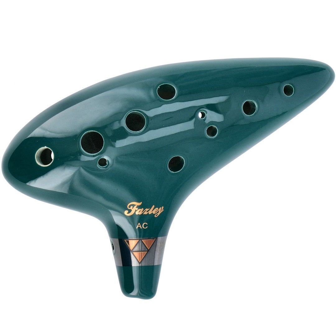 A teal ocarina with 10 holes and 'Fazley' written on the neck.