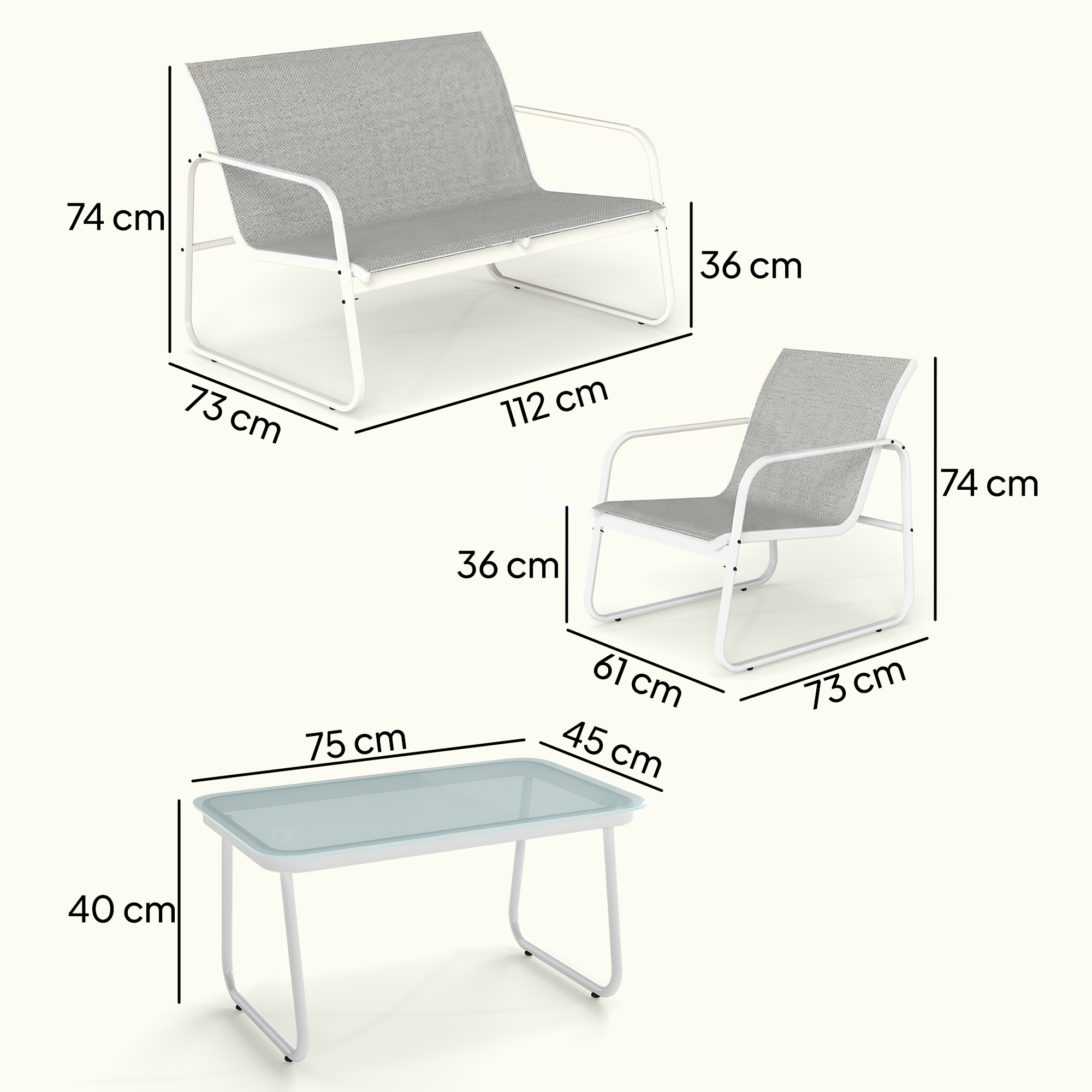Un sofá de 2 plazas, un sillón y una mesa con medidas.