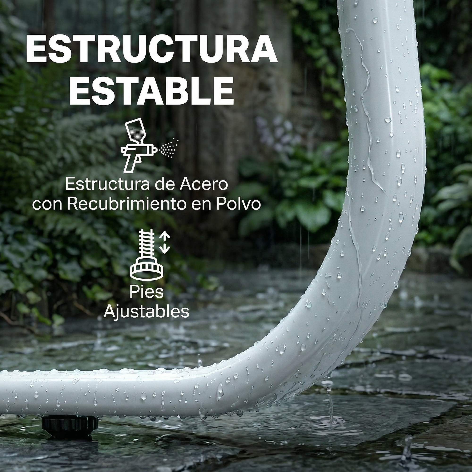 Estructura de acero estable con recubrimiento en polvo y pies ajustables bajo la lluvia.