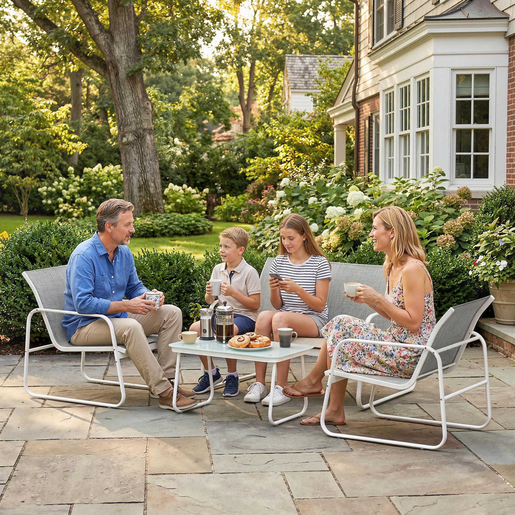 Familia disfruta café y pasteles en un patio con casa y jardín al fondo.