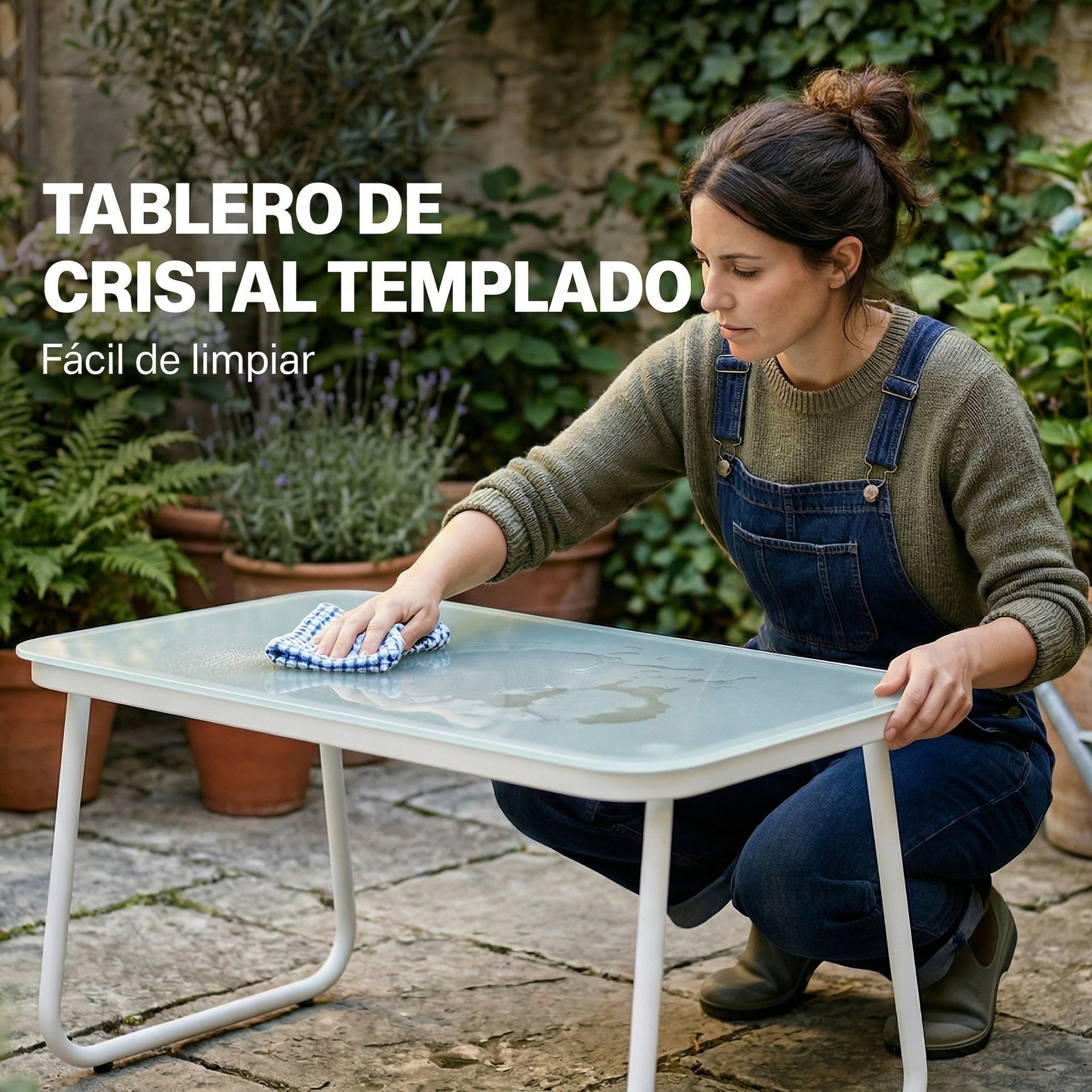 Una mujer limpia una mesa de cristal con un paño azul y blanco en un jardín.
