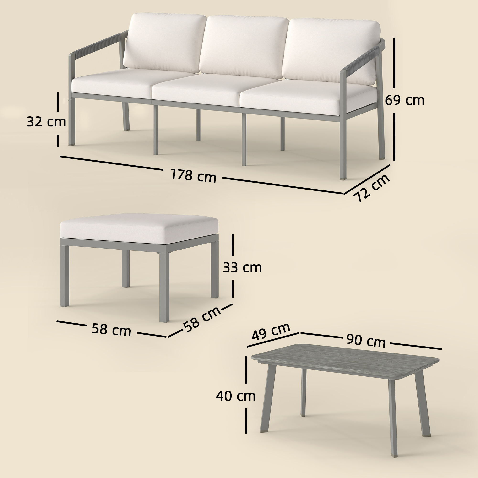 Un sofá gris, un puf y una mesa con dimensiones.