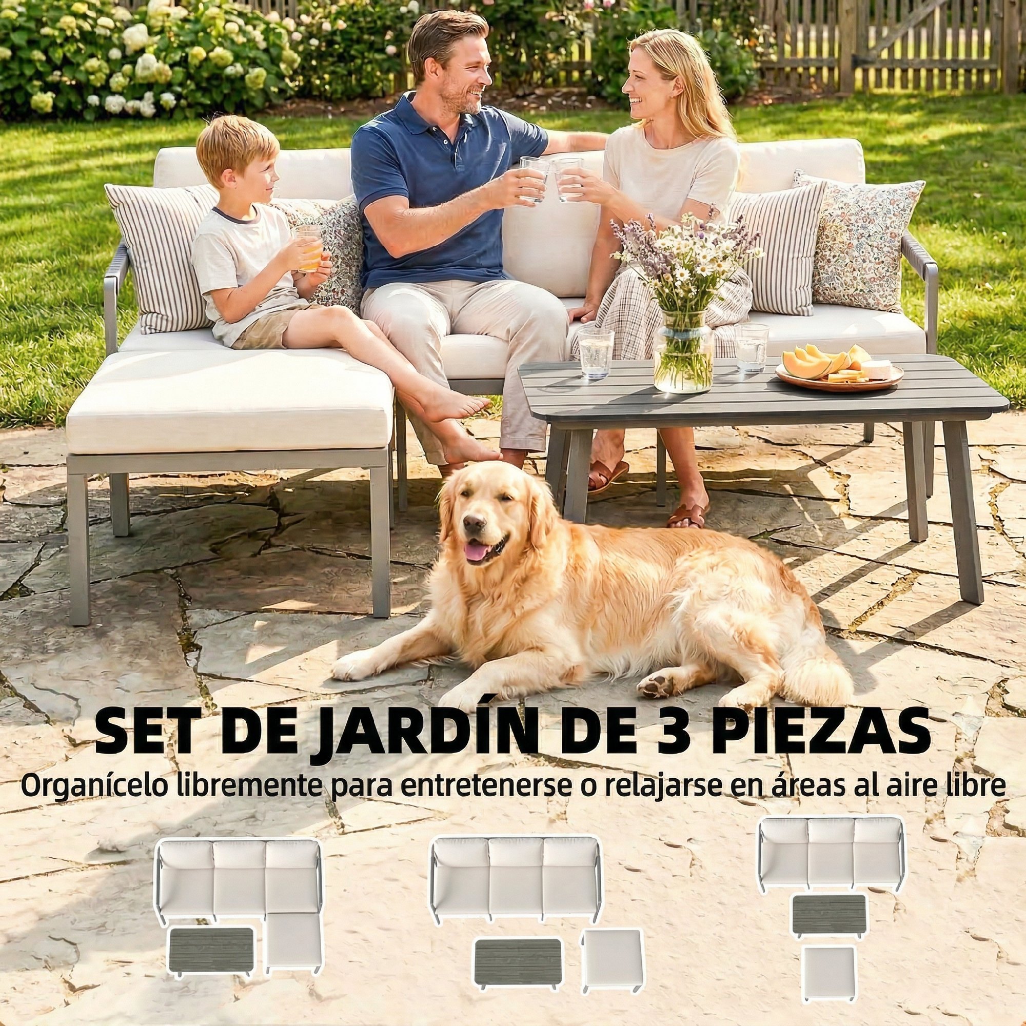 Familia y perro relajándose en un set de muebles de exterior con mesa.