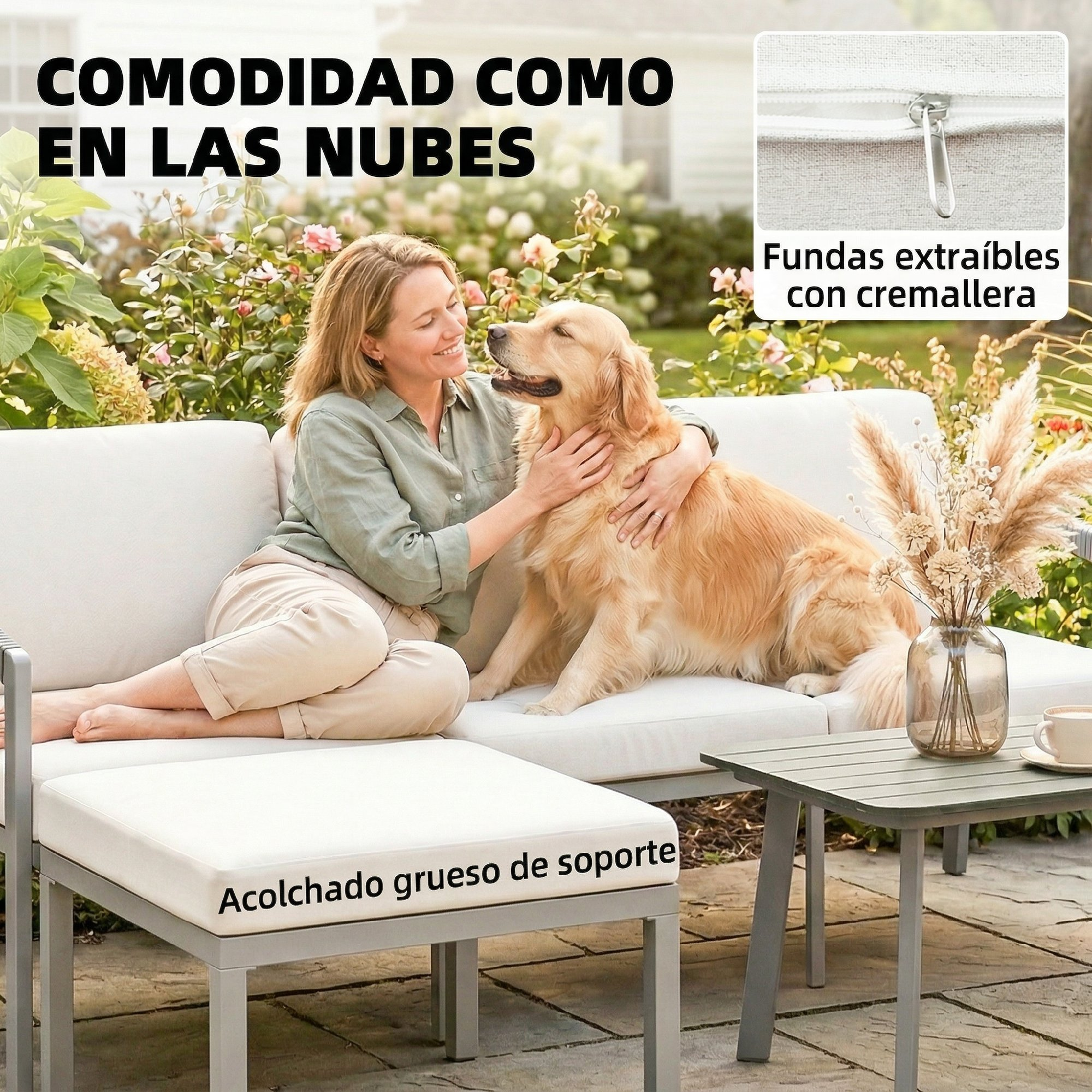 Mujer acariciando a un golden retriever en sofá exterior, con plantas y mesa.
