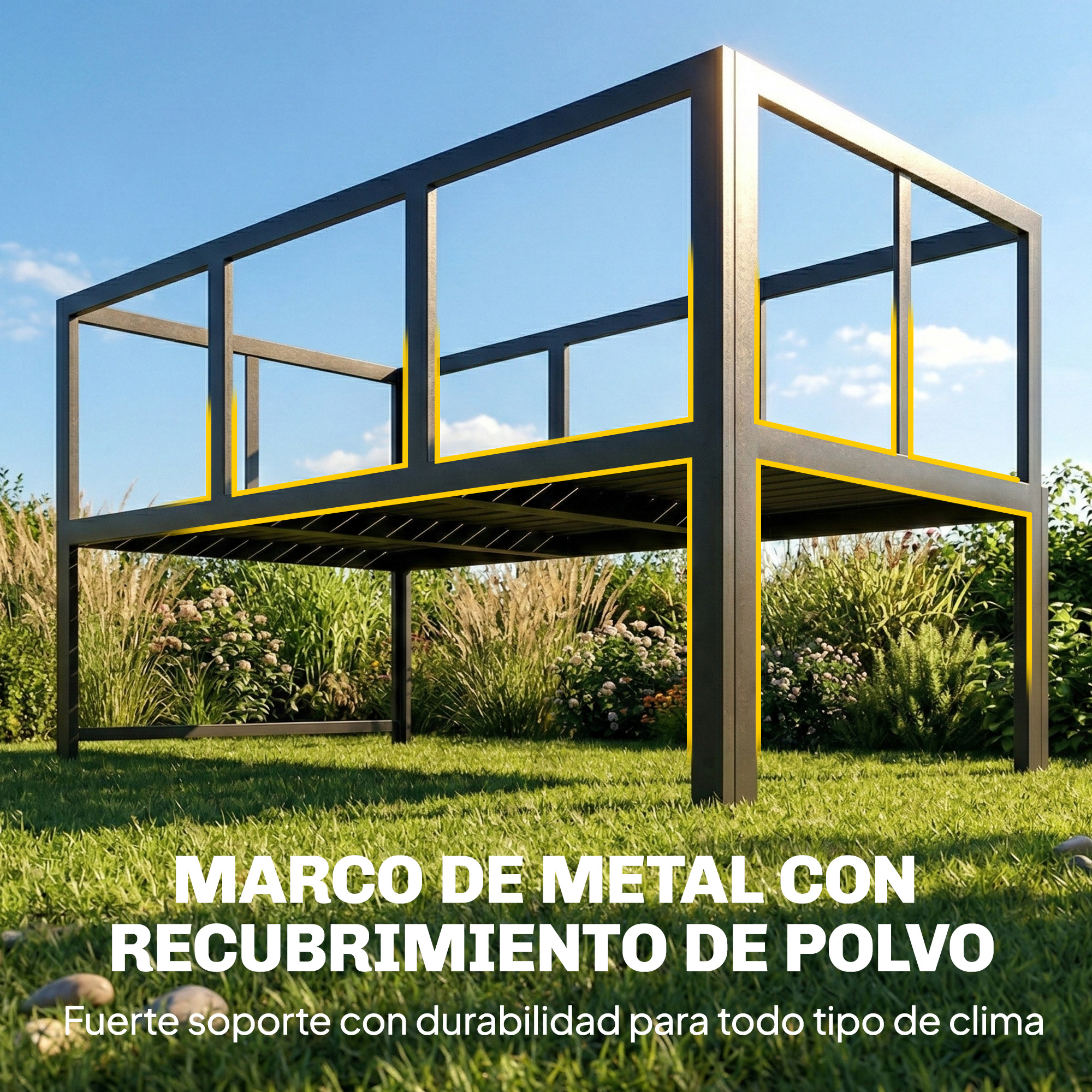 Marco de metal negro con recubrimiento en polvo sobre césped, con plantas al fondo.