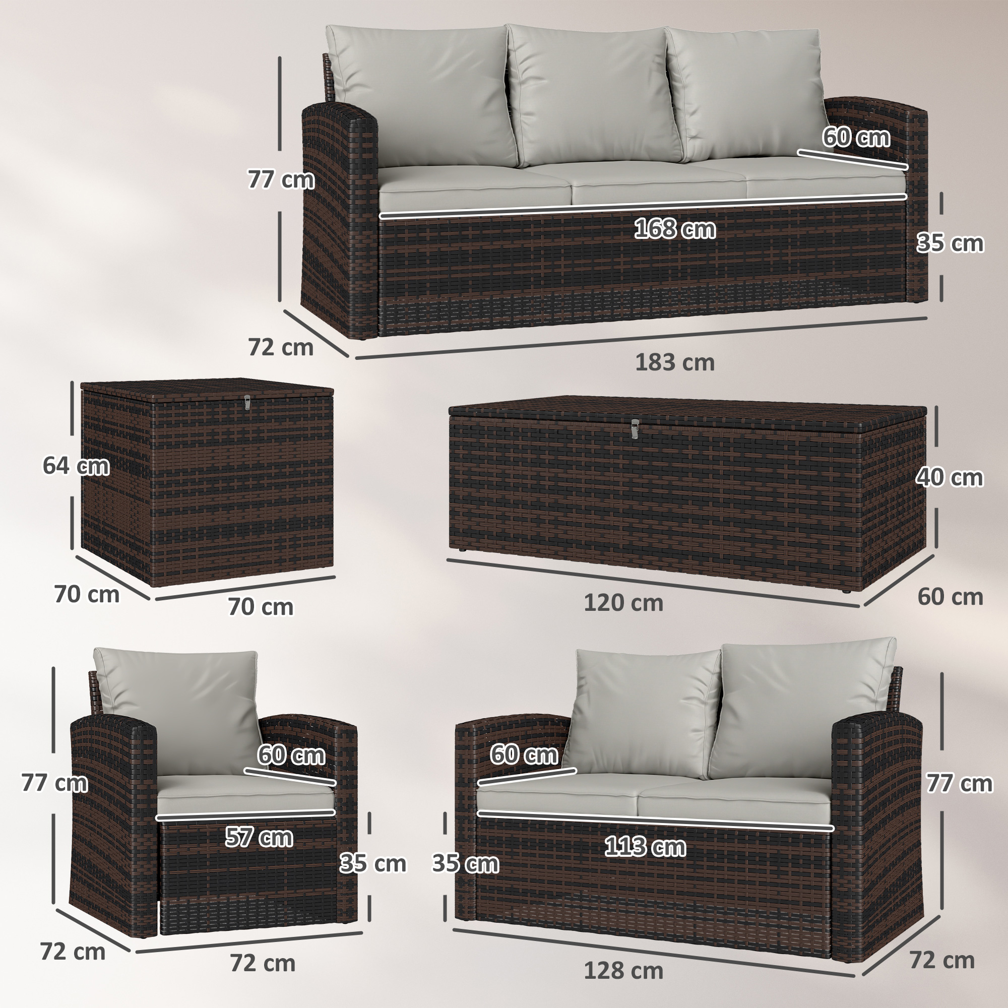 Conjunto de muebles de exterior con dimensiones: sofá de 3 plazas, sofá de 2 plazas, sillón, baúles.