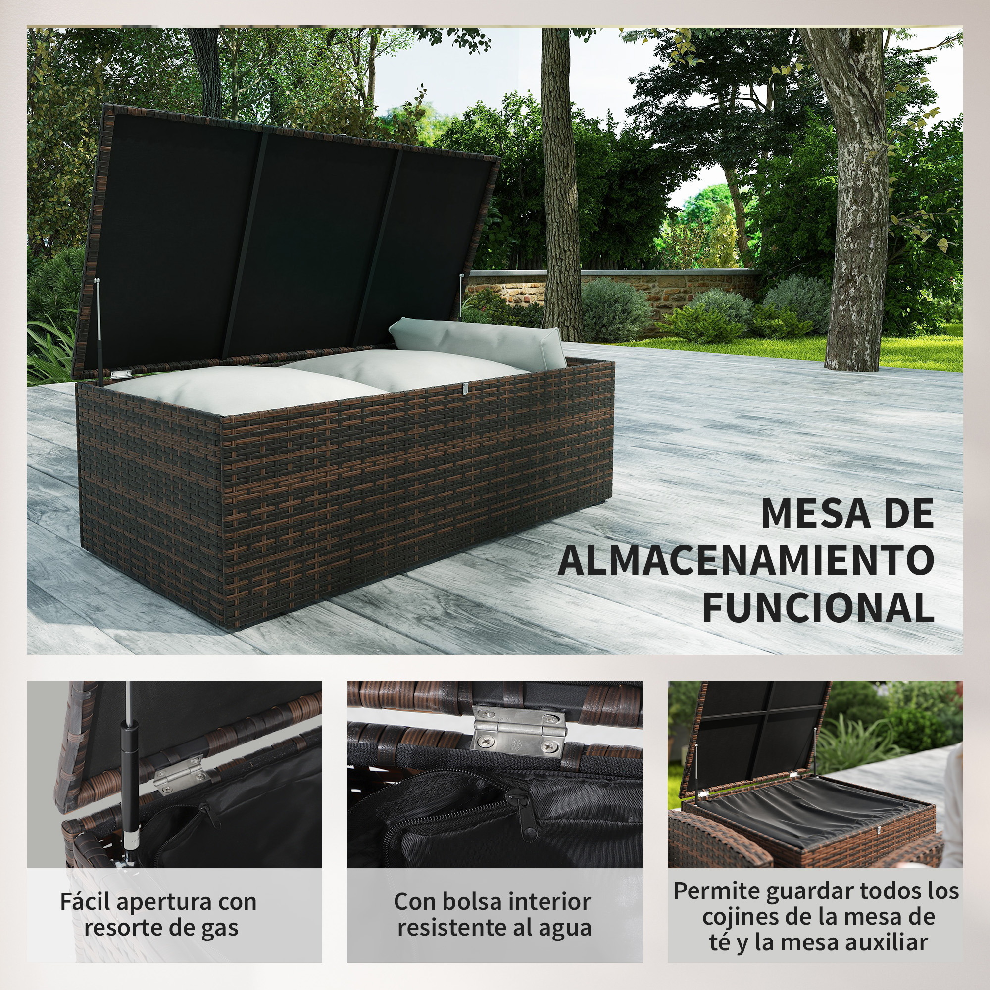 Caja de almacenamiento de ratán marrón con tapas abiertas y cojines.
