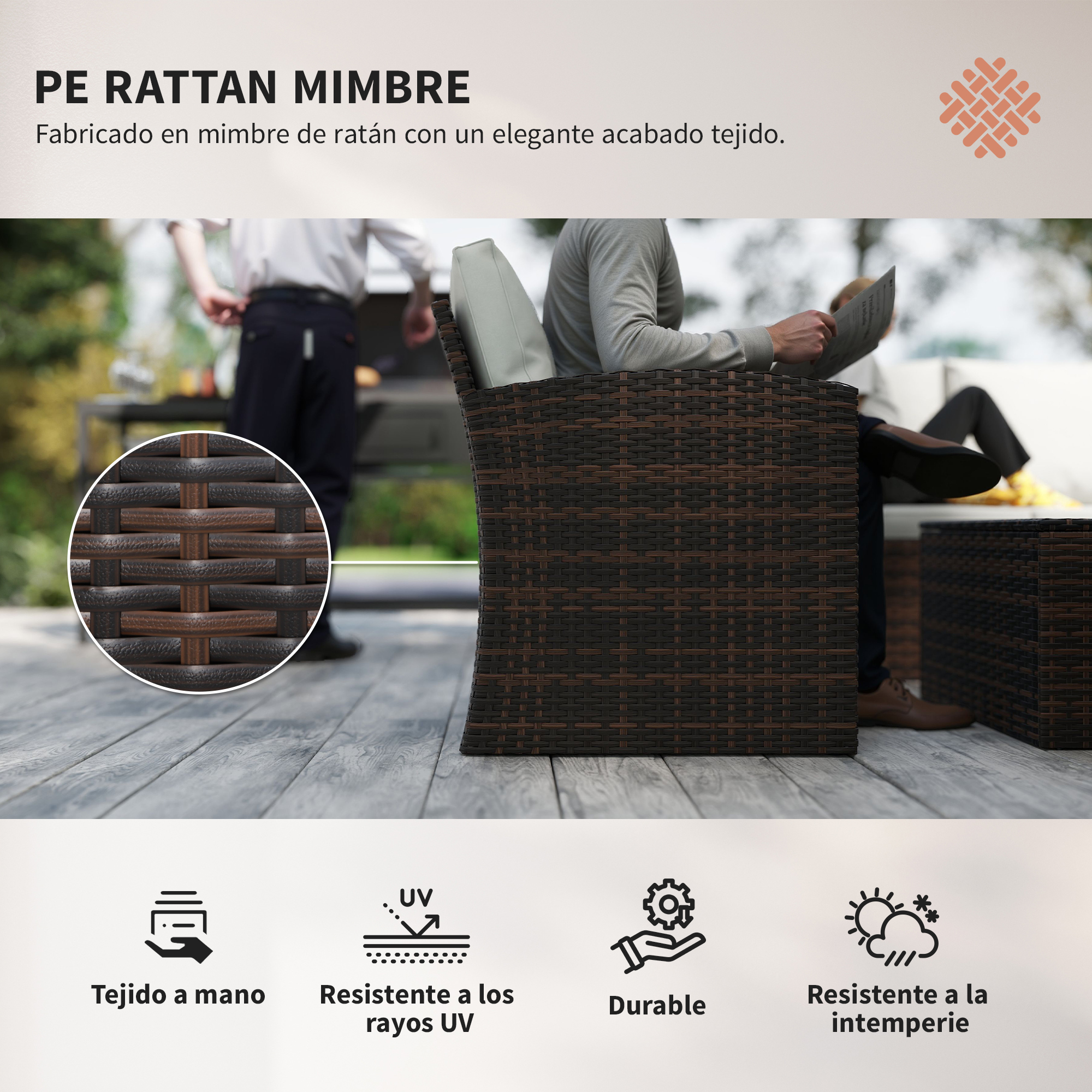 Muebles de ratán tejidos con cojines al aire libre. Primer plano del patrón.