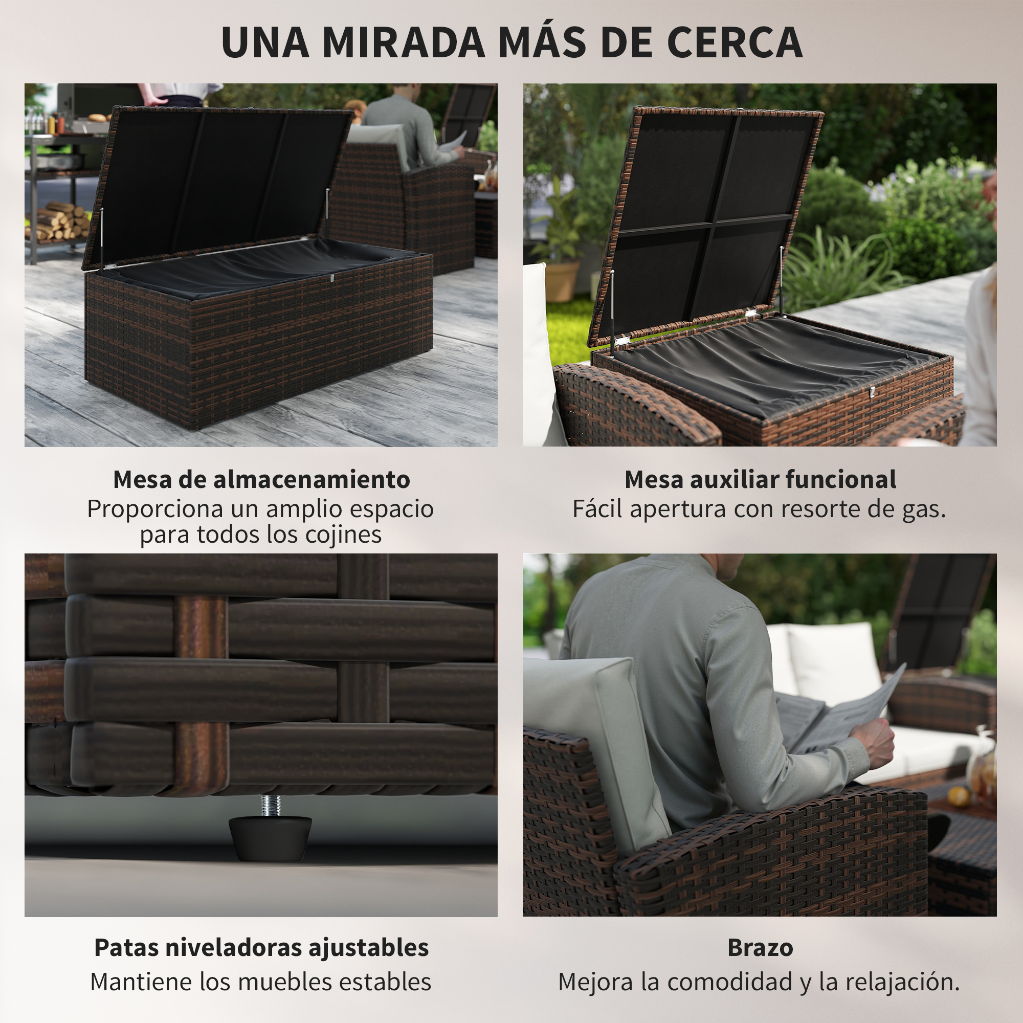 Muebles de ratán marrones con cojines, patas ajustables y almacenamiento.