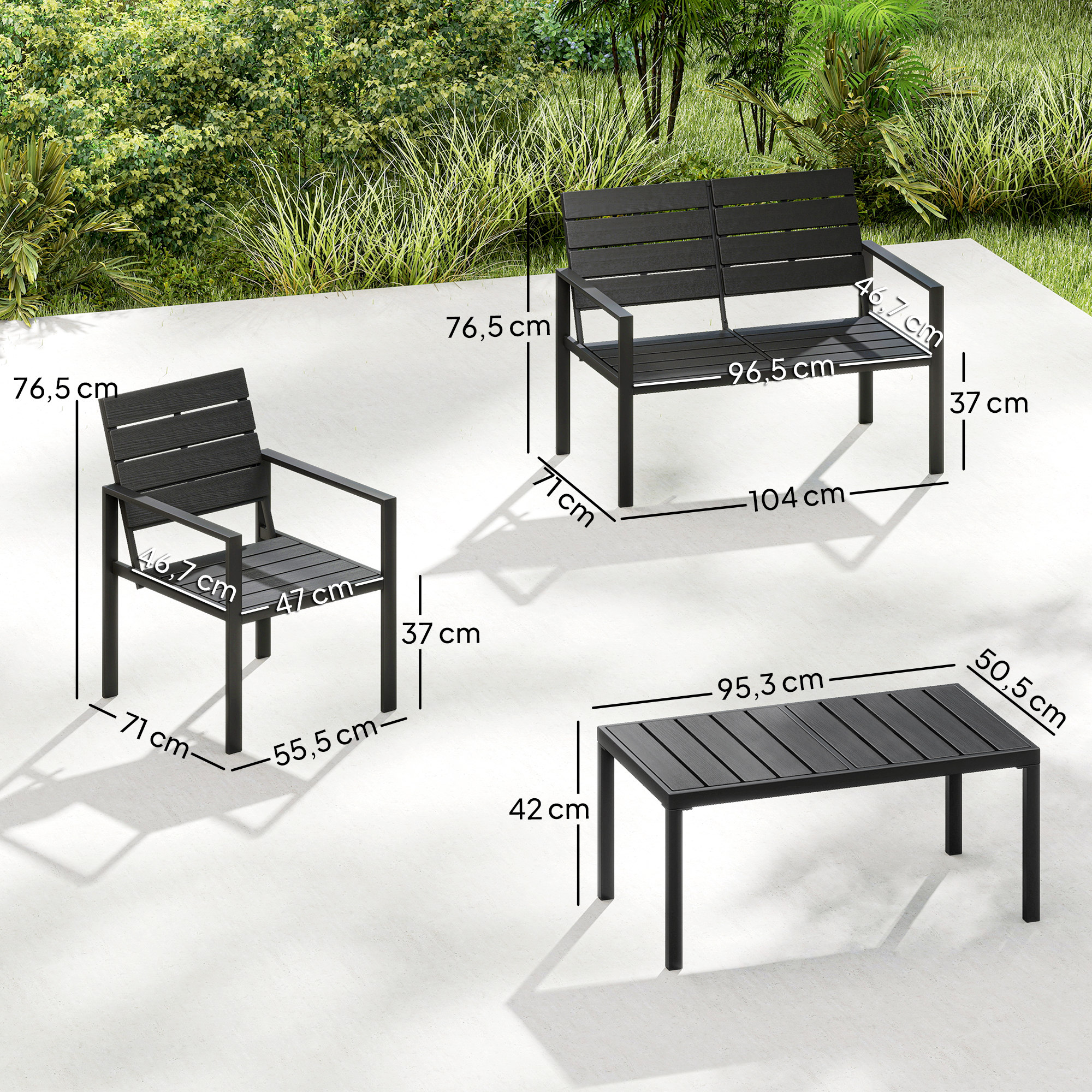 Tre mobili da giardino neri: poltrona, panchina e tavolino. Con misure.
