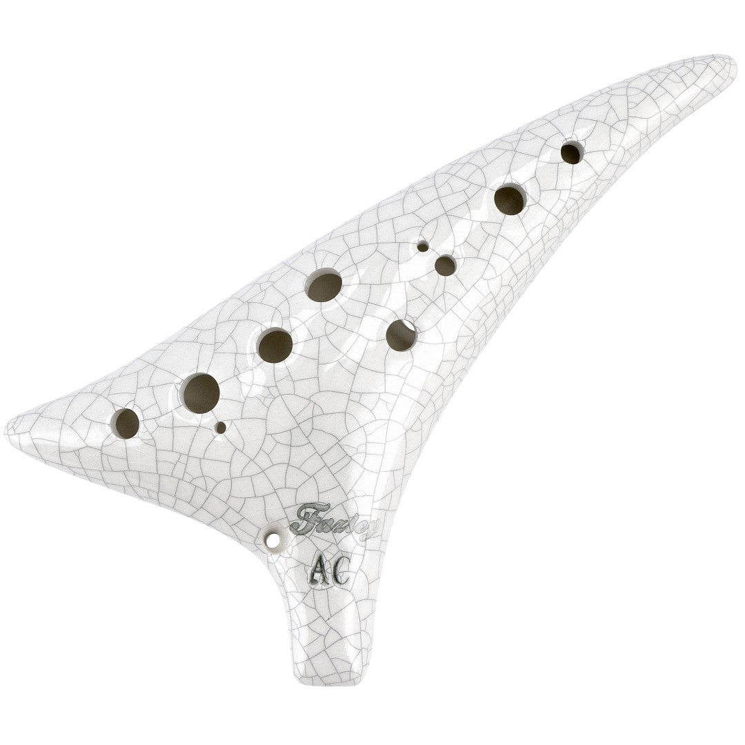 White ocarina with cracks and holes, labeled "AC".