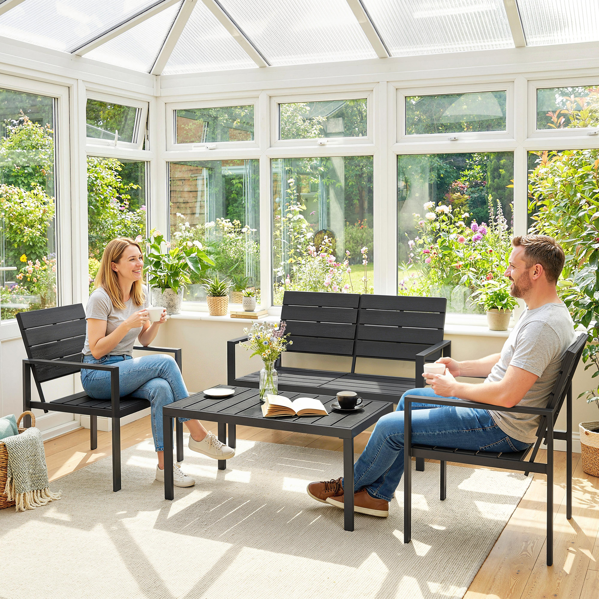 Una coppia si rilassa in un giardino d'inverno con caffè e libri.