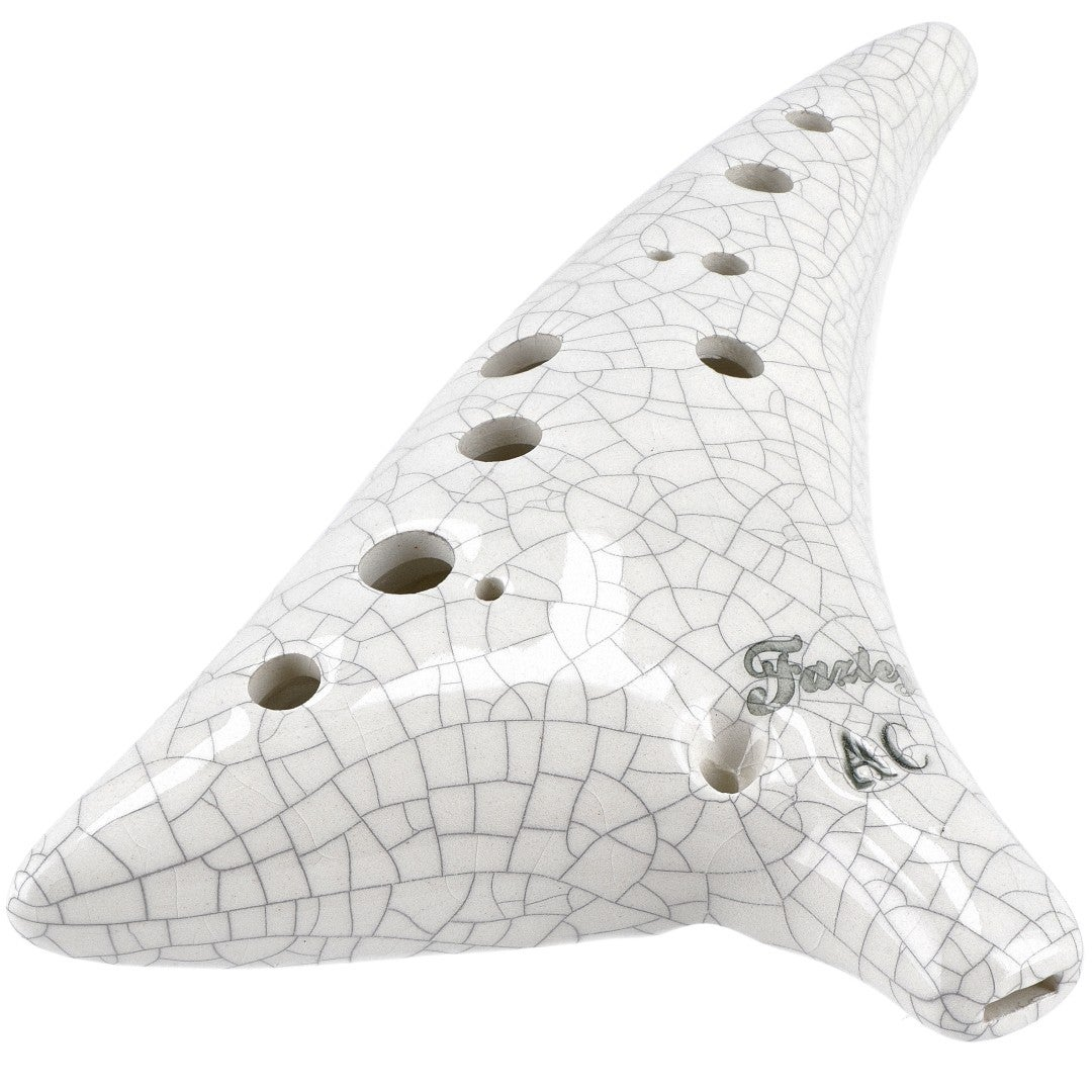 White ocarina with a cracked glaze finish and 12 finger holes.