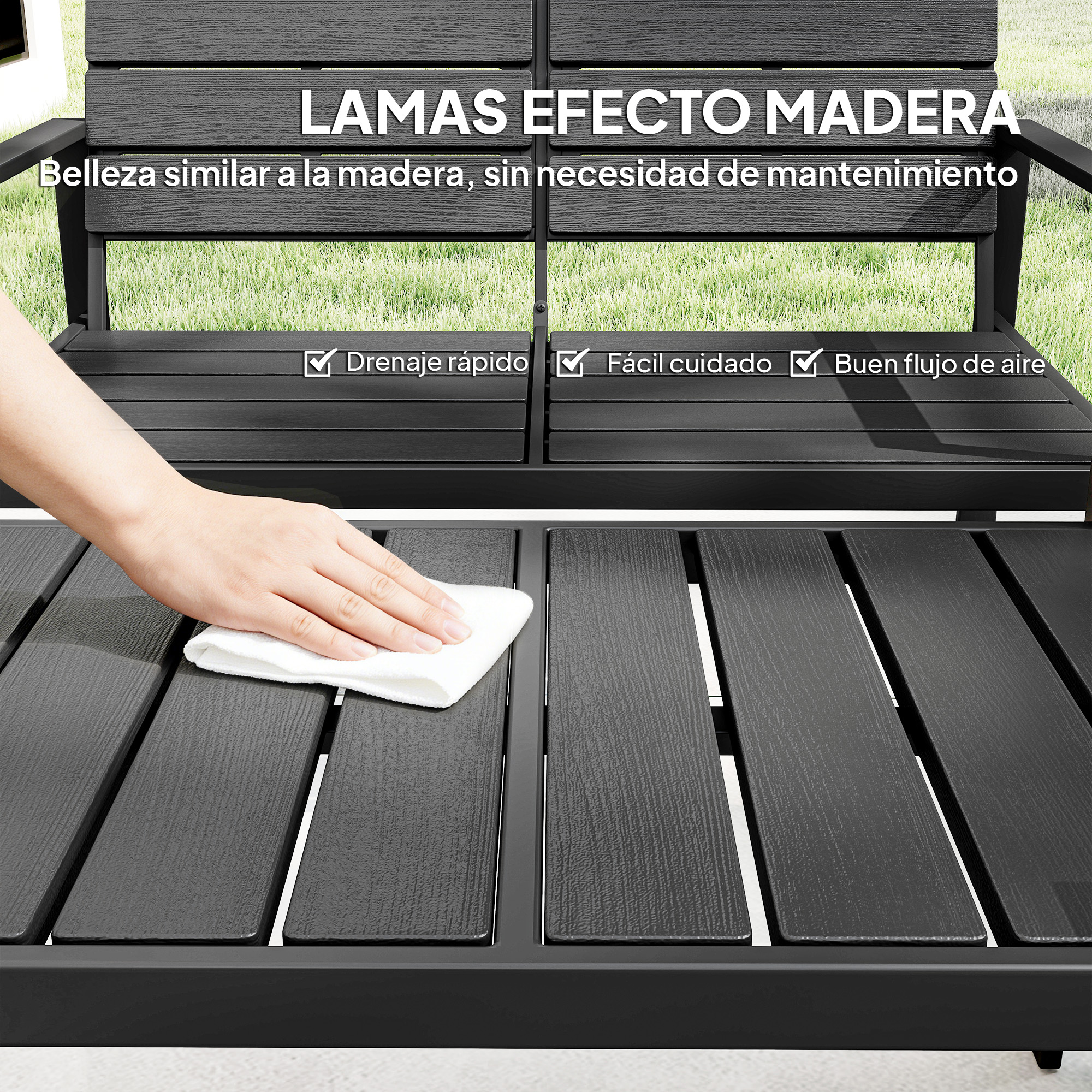 Una mano limpia una superficie de efecto madera oscura con un paño.