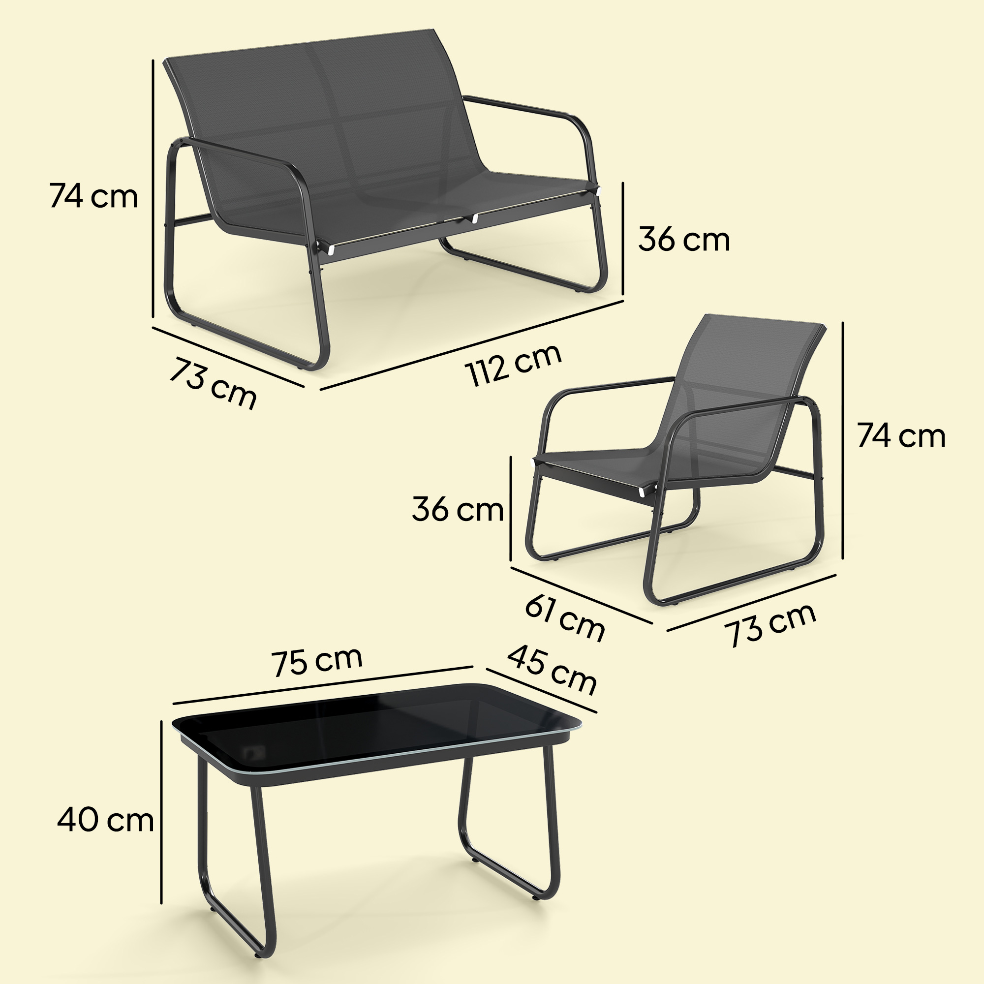 Tres muebles de exterior: sofá, sillón y mesa con dimensiones.