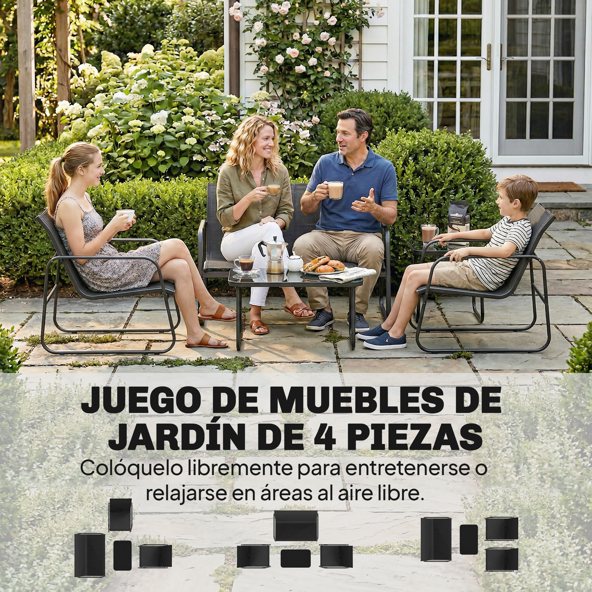 Una familia disfruta de bebidas en un patio con muebles de jardín, rodeados de vegetación.