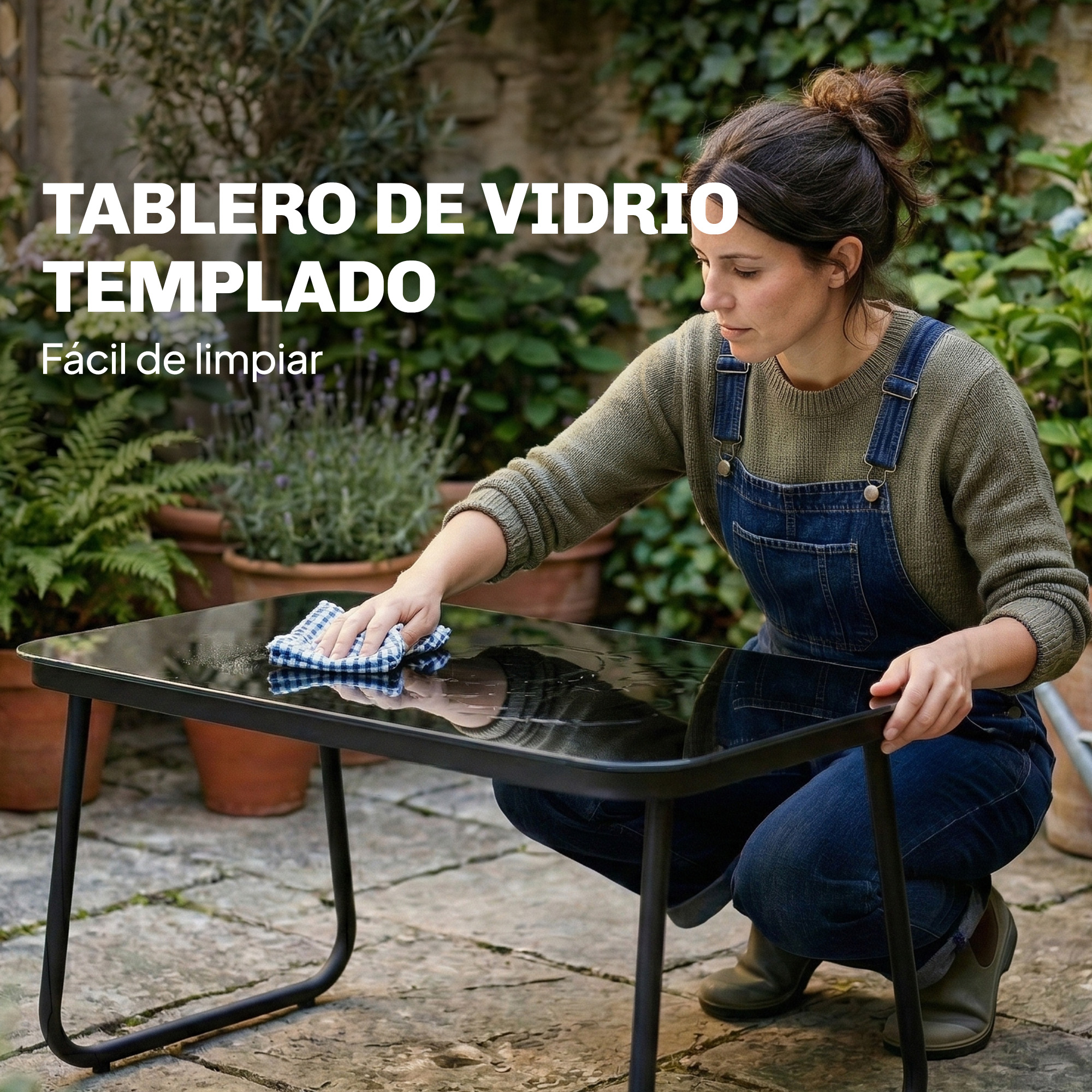 Una mujer limpia una mesa rectangular de vidrio con un paño a cuadros al aire libre.