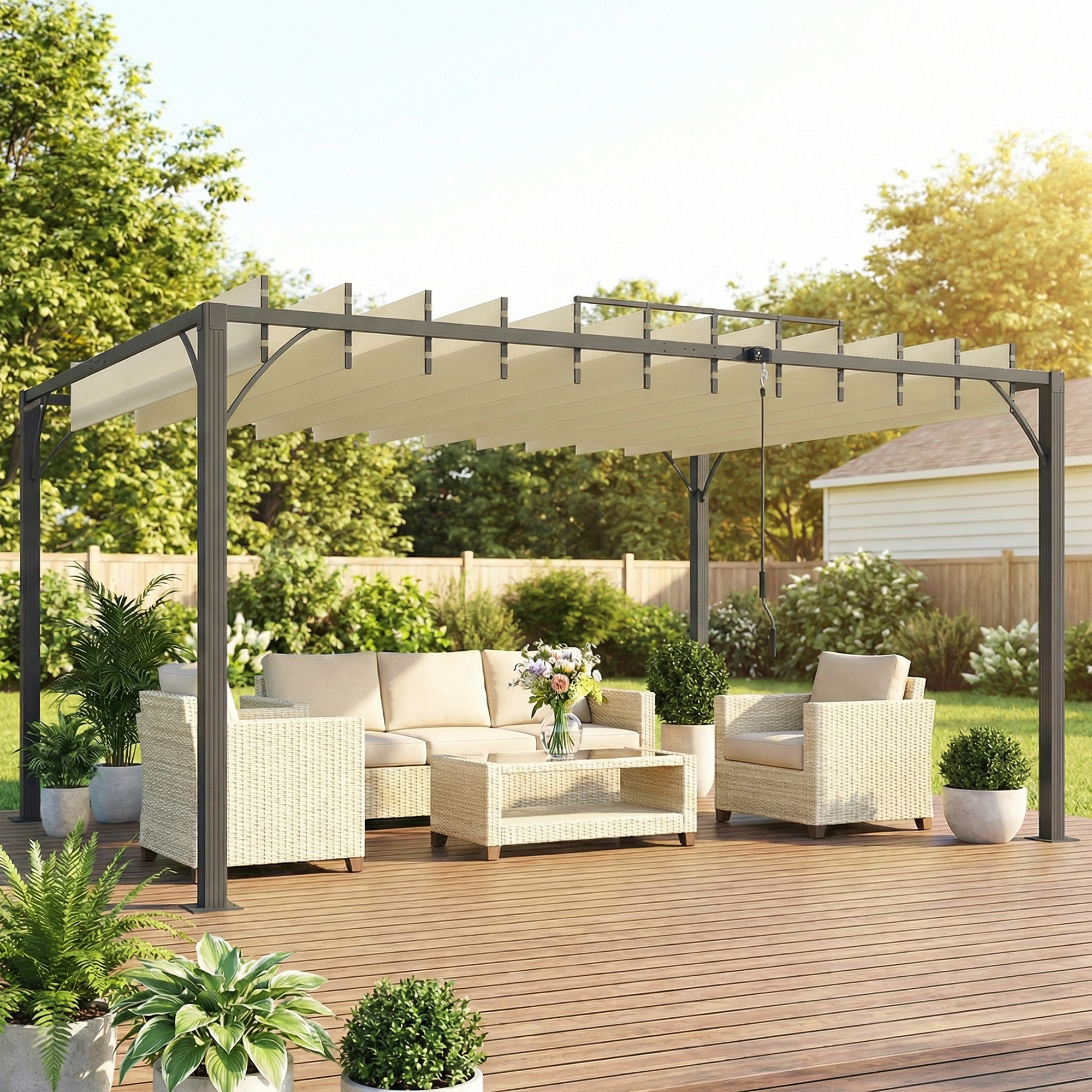 Una pérgola de patio con asientos y mesa de centro sobre una terraza de madera.