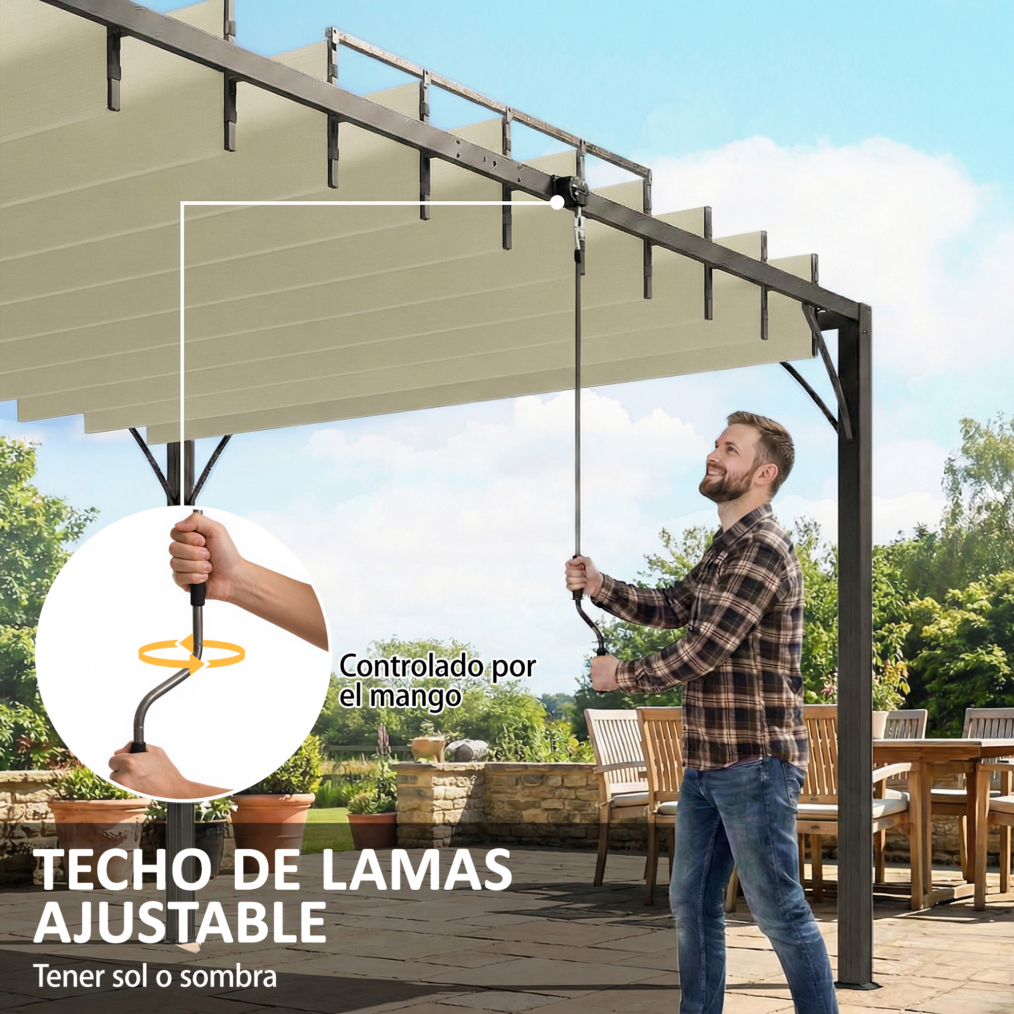 Hombre acciona pérgola ajustable en patio, crea sombra. Muebles de exterior visibles.