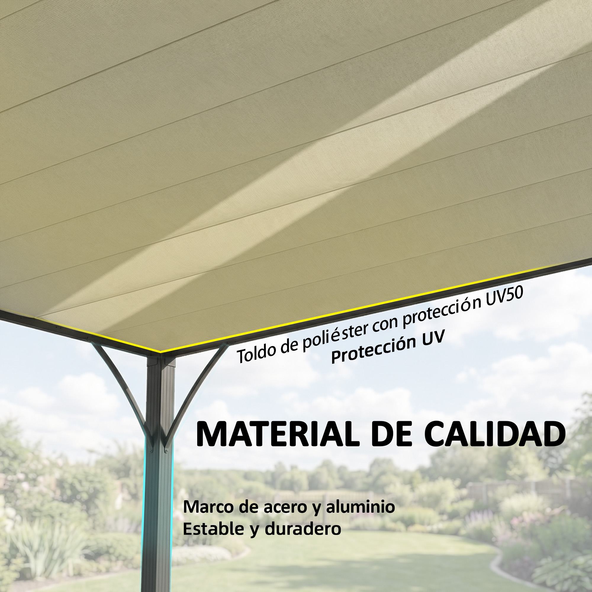 Toldo de poliéster beige con protección UV50 sobre marco de acero/aluminio.