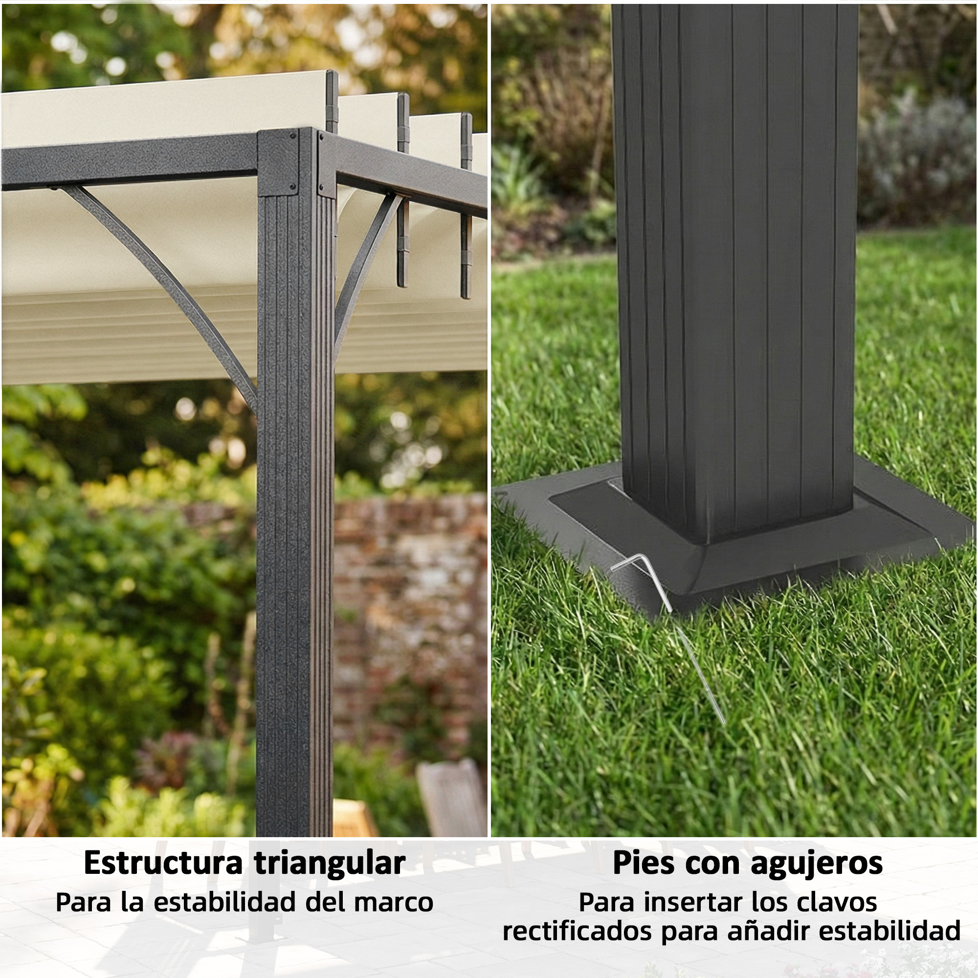 Primer plano de la estructura triangular del marco y los pies con agujeros.