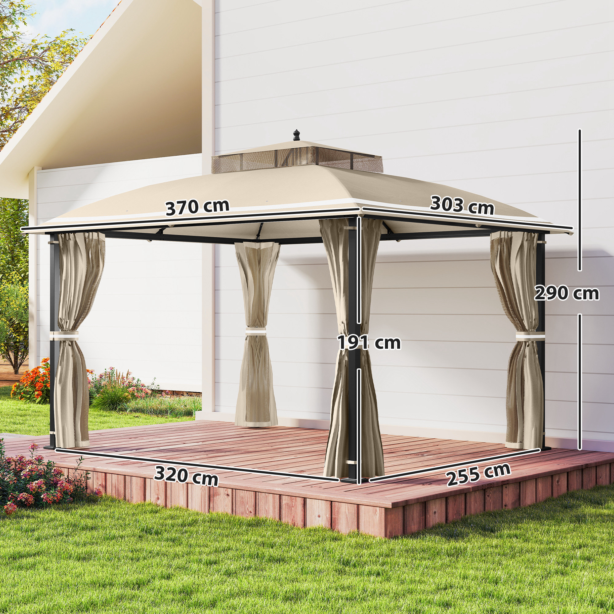 Gazebo beige con cortinas en terraza de madera, se muestran dimensiones.