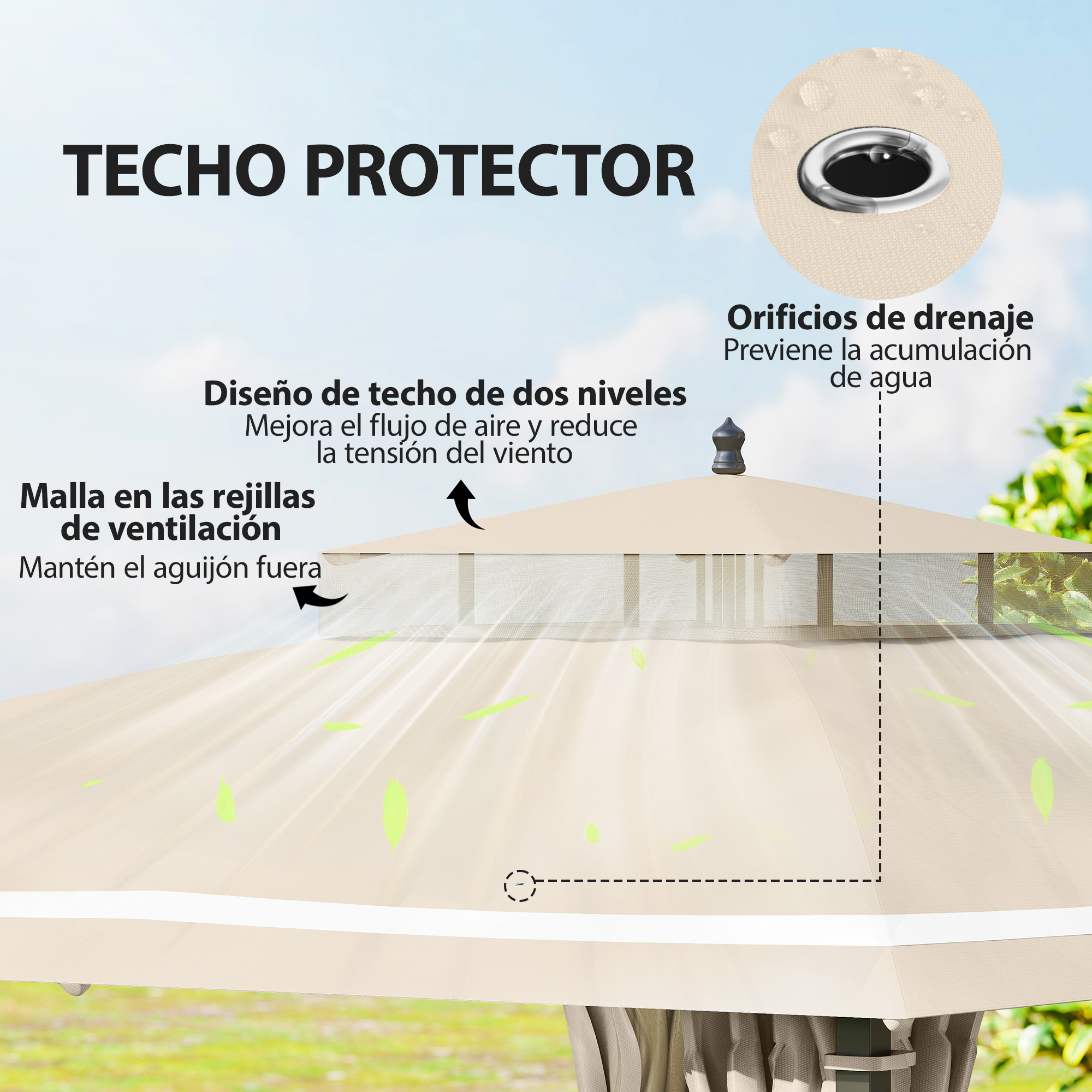 Un paraguas beige con malla de ventilación y orificios de drenaje.