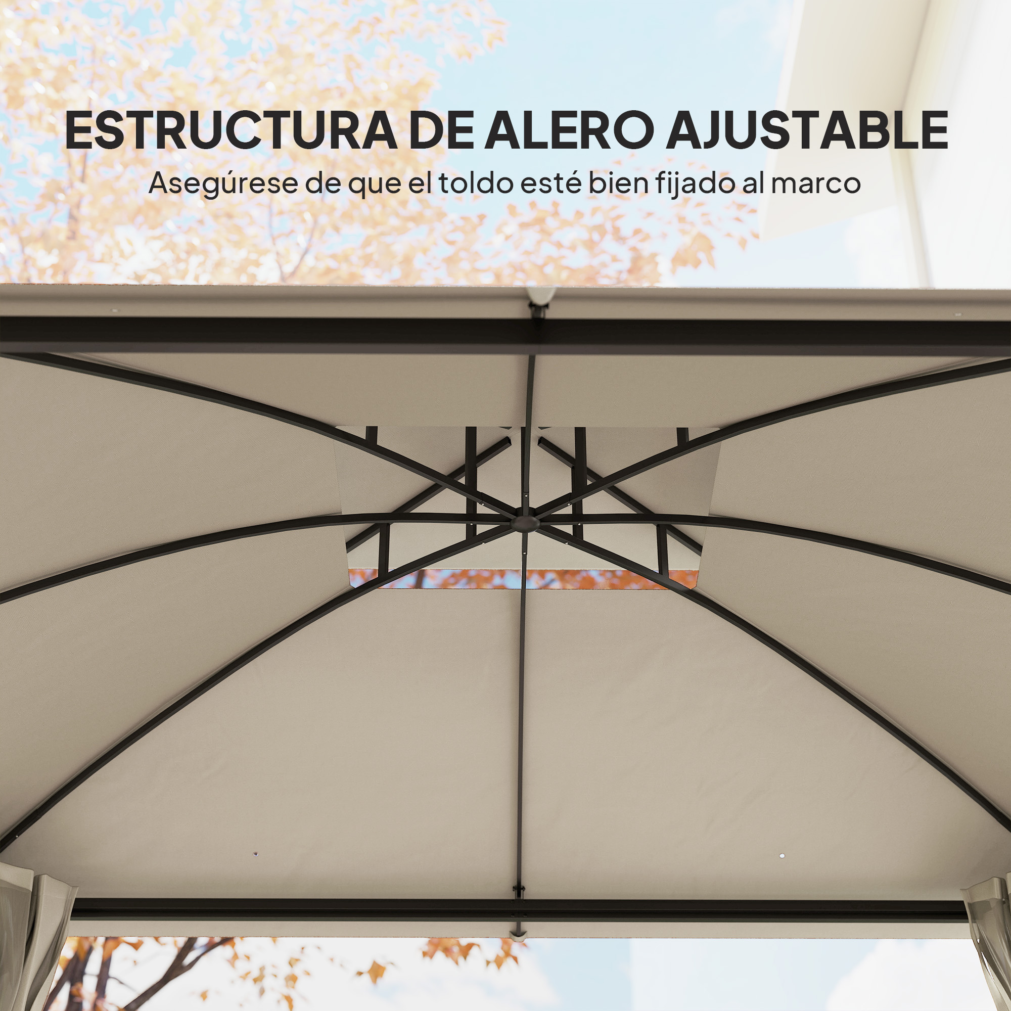 Interior de un cenador mostrando la estructura del techo ajustable y la cubierta de tela beige.