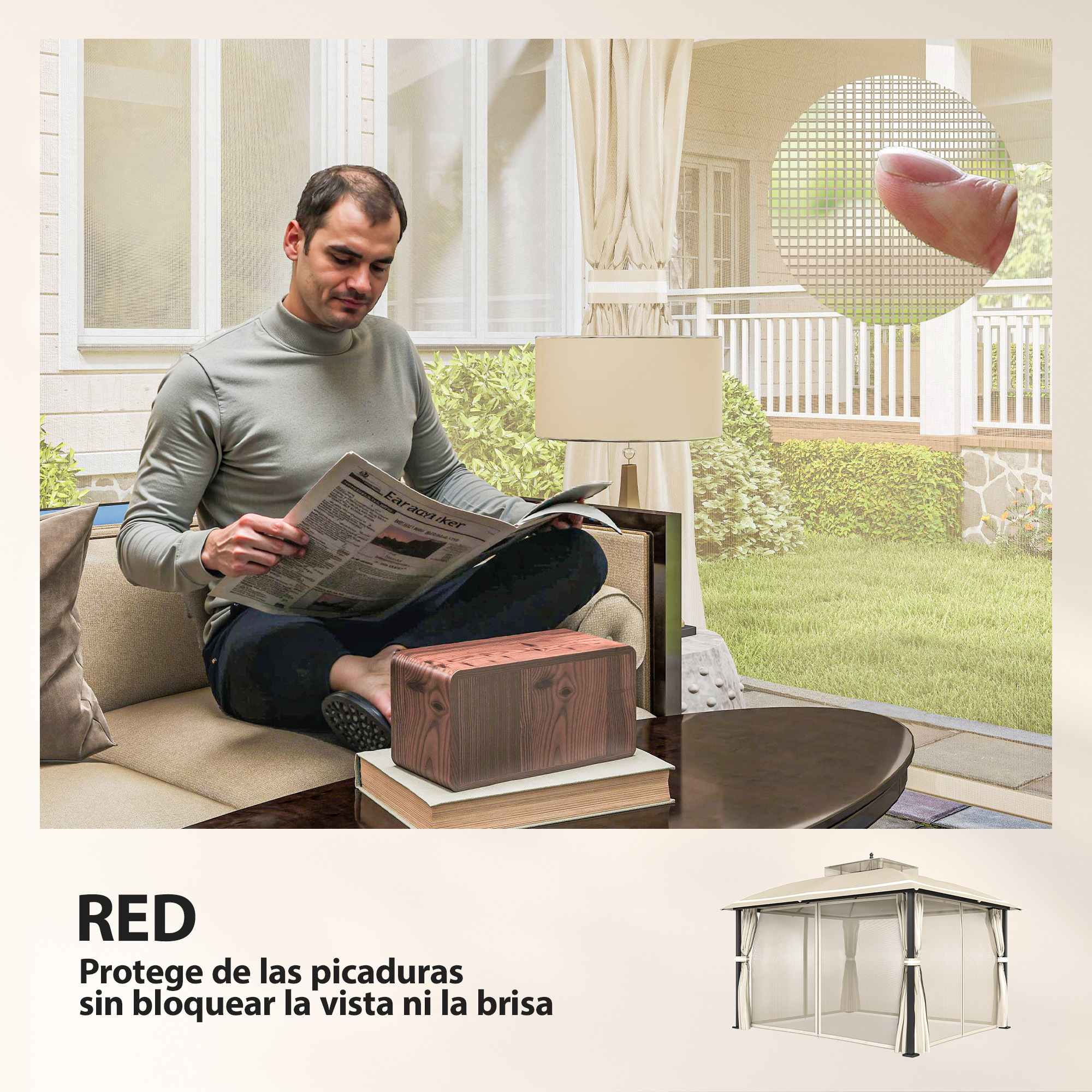 Hombre lee periódico en sofá, primer plano de mosquitero y cenador.