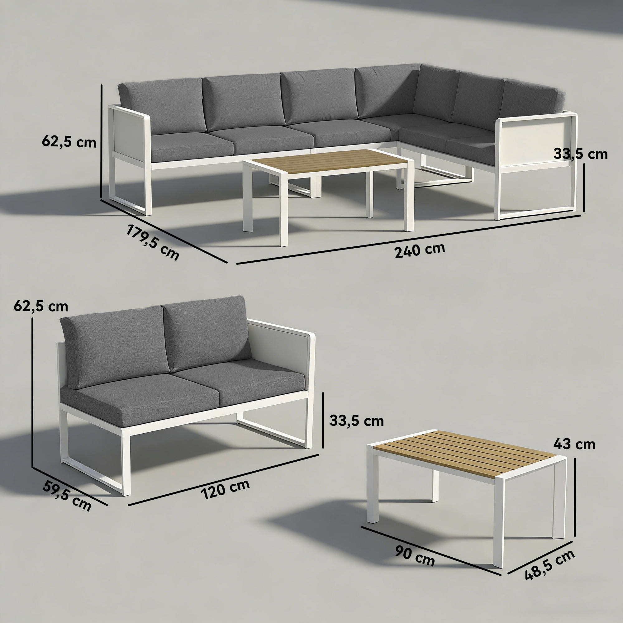 Muebles de exterior modernos: sofá rinconera, sofá de dos plazas y mesa de centro.