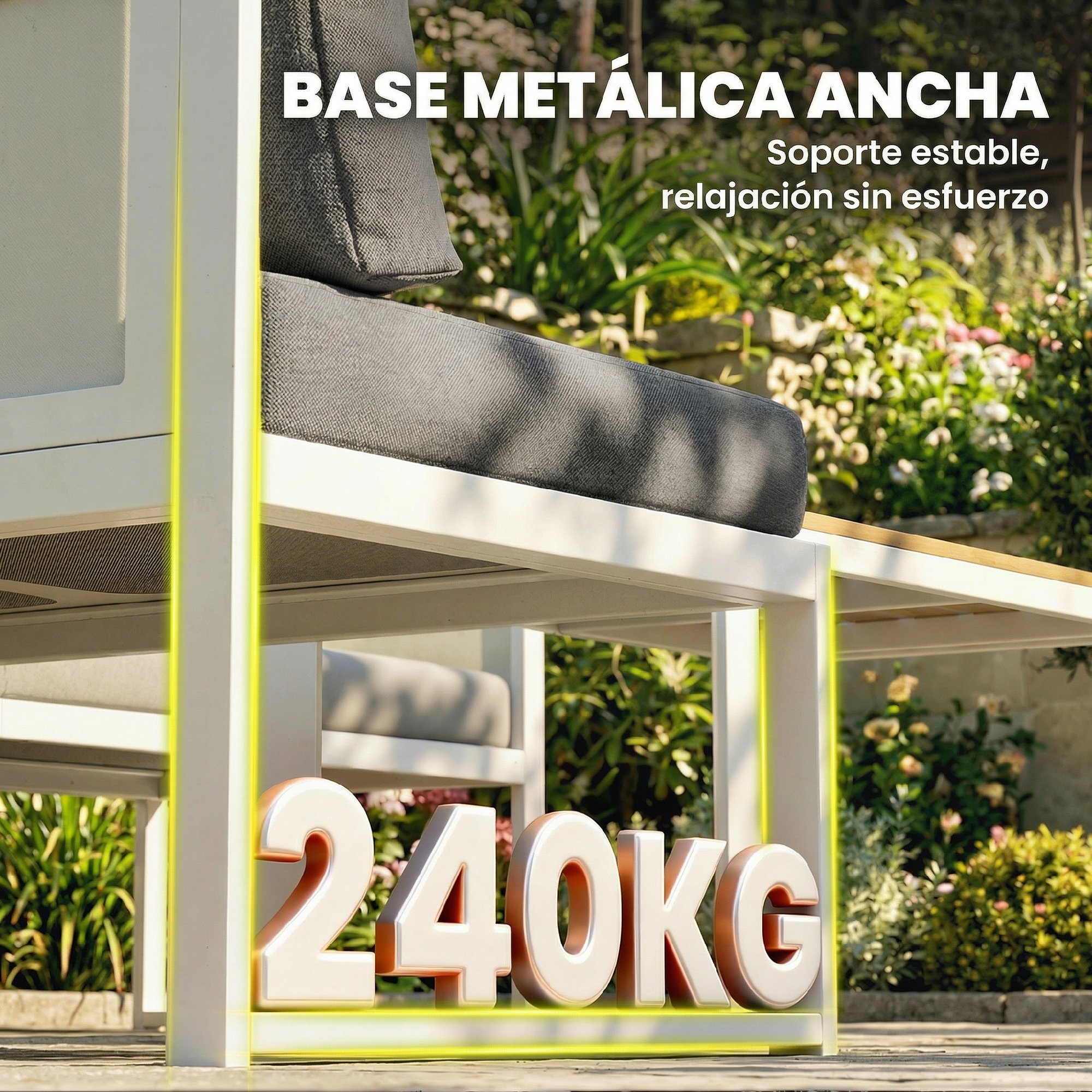 Base metálica ancha con capacidad de 240 kg en un patio.