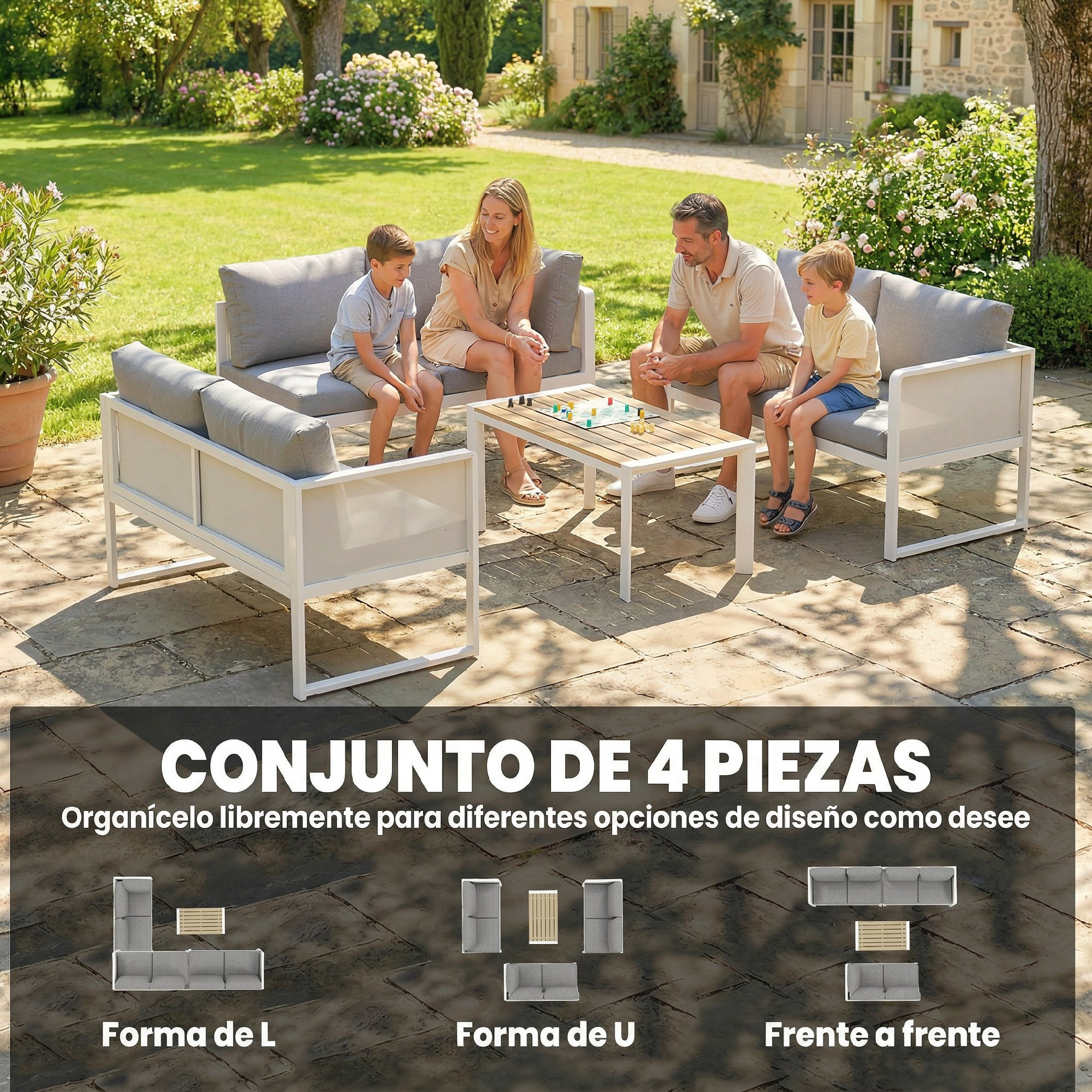 Familia sentada en muebles de jardín alrededor de una mesa con juego de mesa.