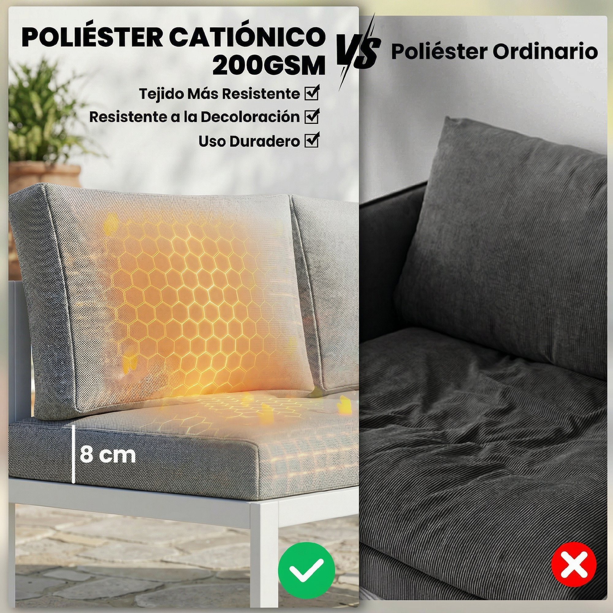 Comparación de poliéster catiónico (8 cm de grosor) con poliéster normal.