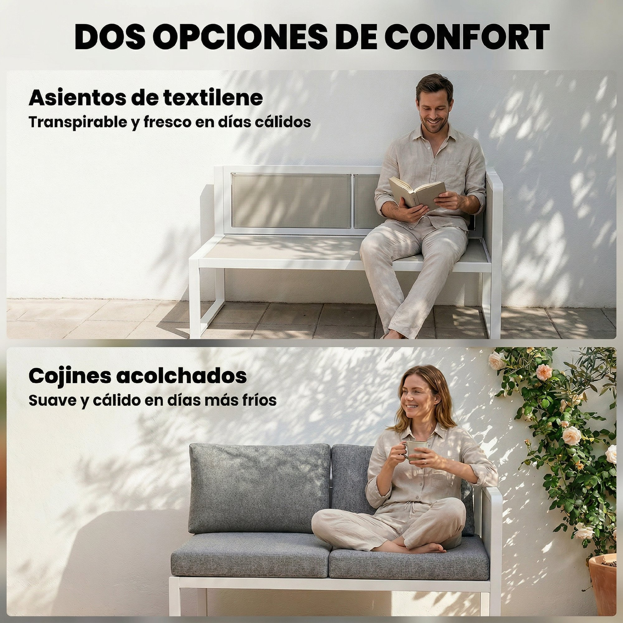 Hombre lee en banco de textileno, mujer bebe en sofá.