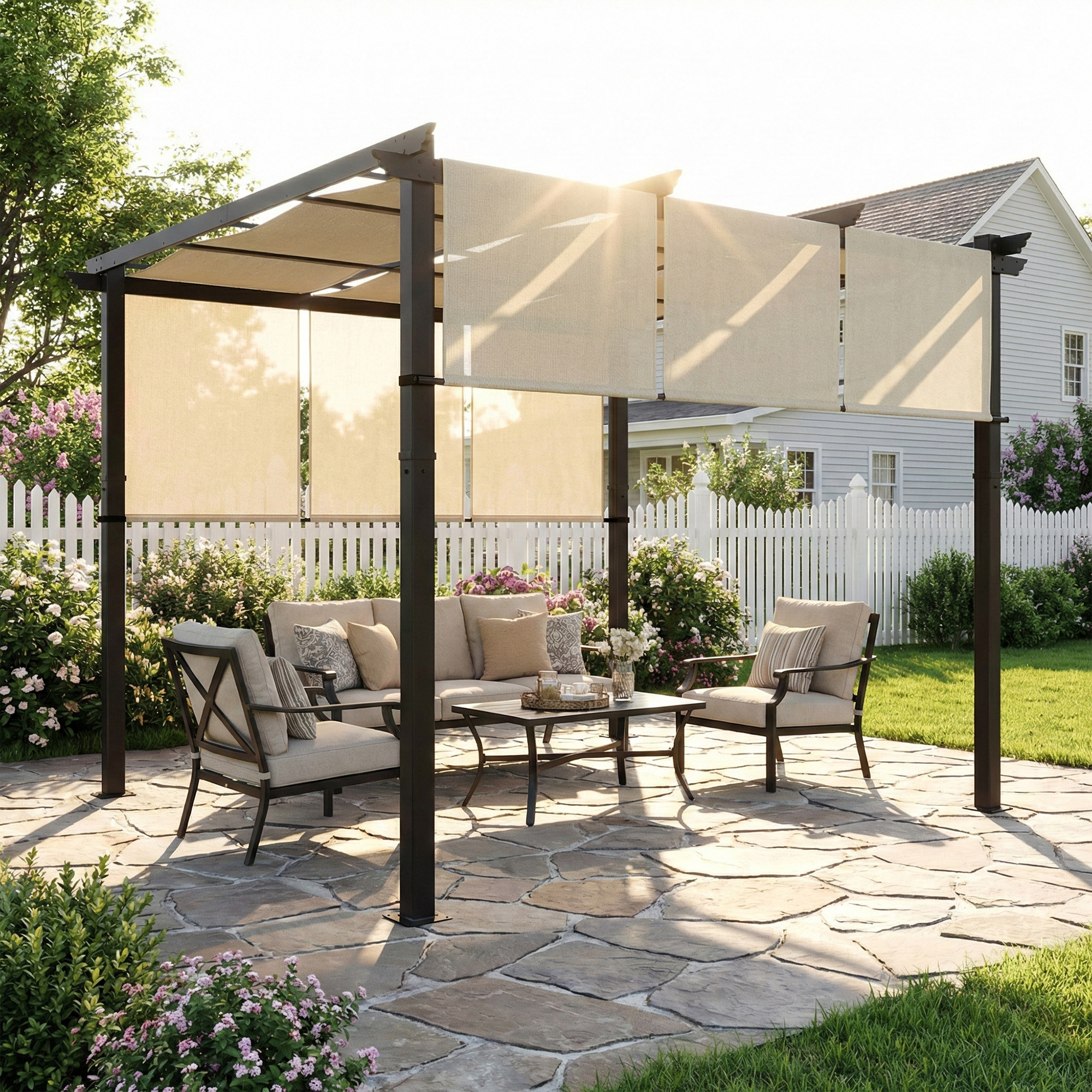 Una pérgola con muebles de patio y flores bajo el sol.