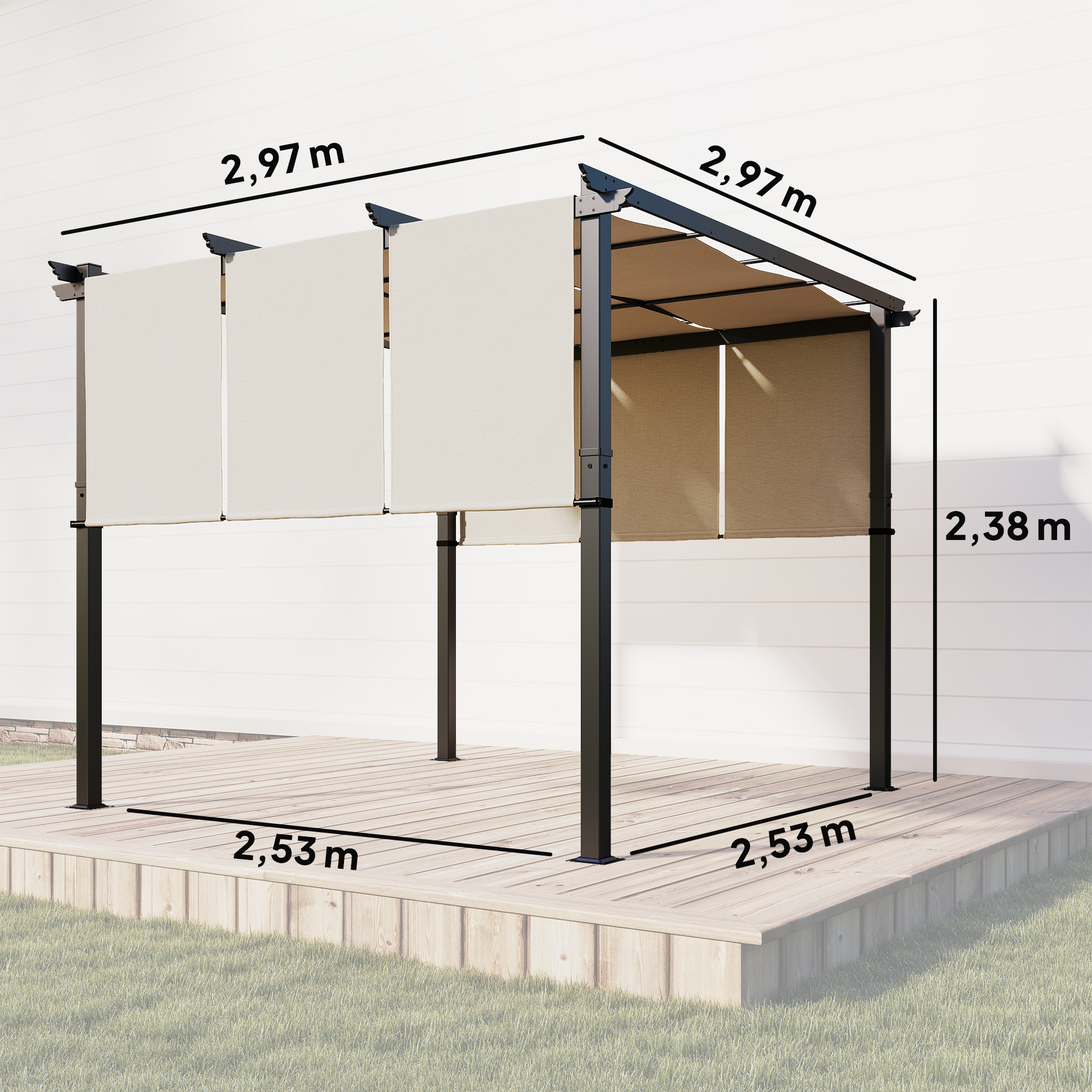 Una pérgola beige con dosel marrón, sobre una tarima de madera. Dimensiones mostradas.